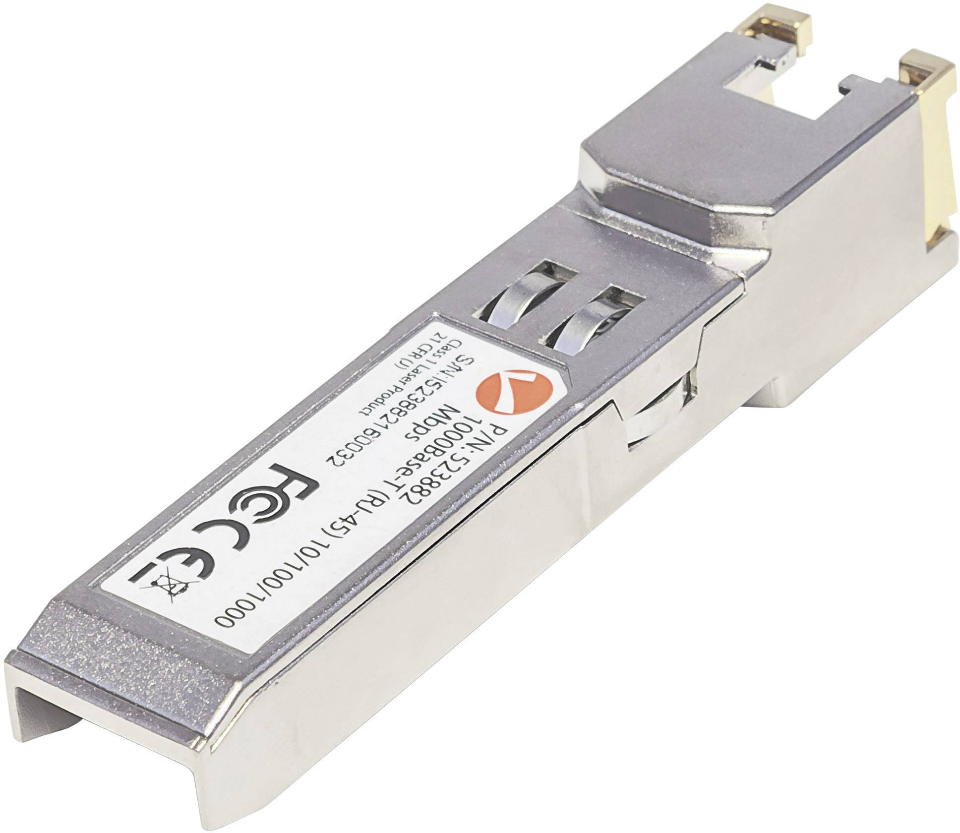 Ein SFP-Modul mit Metallgehäuse, das zur Netzwerkverbindung in einem Gerät verwendet wird. Es trägt verschiedene technische Markierungen.