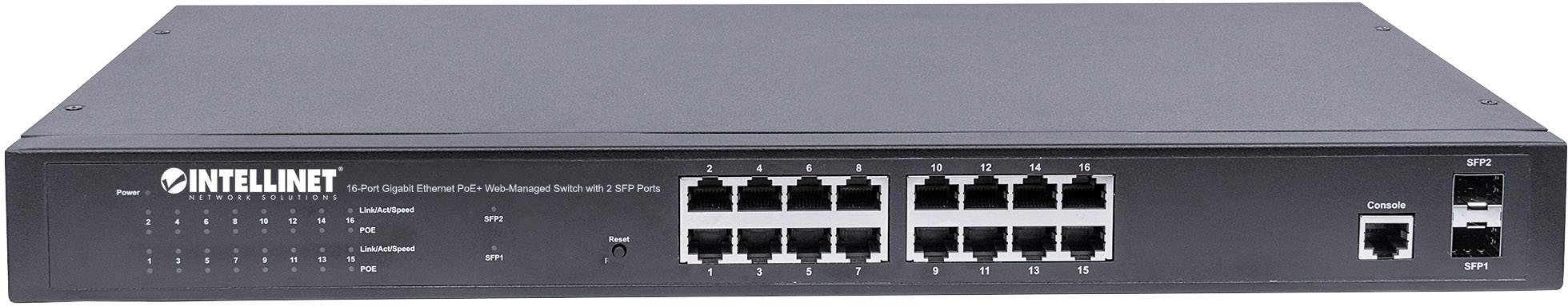 Ein schwarzes Netzwerkgerät mit 16 Ethernet-Ports, LEDs für Statusanzeigen links und einem Herstellerlogo auf der linken Seite der Vorderseite.
