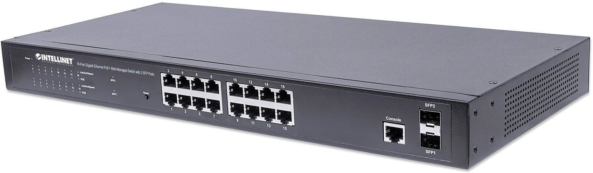 Ein schwarzer Netzwerk-Switch mit 16 Ethernet-Ports und zwei Glasfaser-Ports auf der rechten Seite. Links befinden sich Status-LEDs.