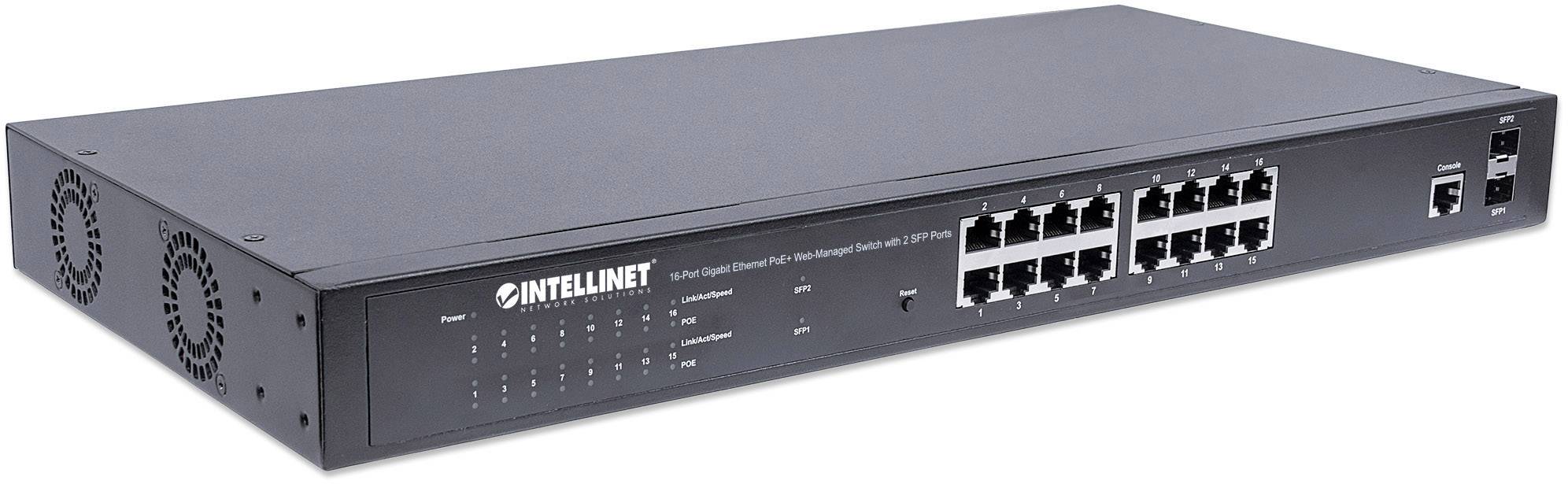 Ein schwarzer Netzwerk-Switch von Intellinet mit 16 Ethernet-Ports und zwei SFP-Ports. Geeignet für den Einsatz in einem IT-Netzwerk.