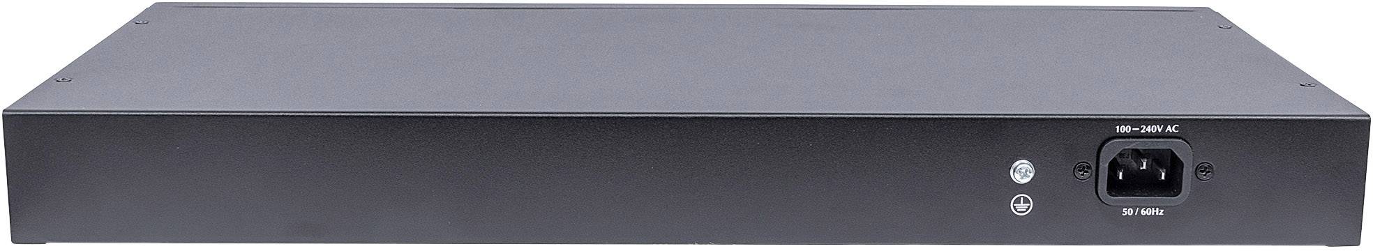 Schwarzes elektronisches Gerät mit Netzkabelanschluss auf der Vorderseite, möglicherweise ein Server oder eine Netzwerkkomponente.