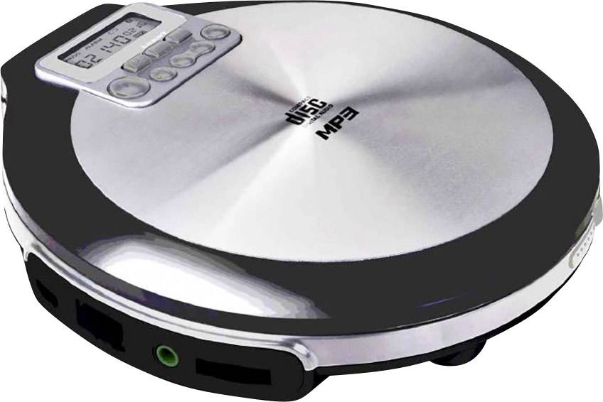 Ein silberner tragbarer MP3-CD-Player mit Display und Steuertasten oben.
