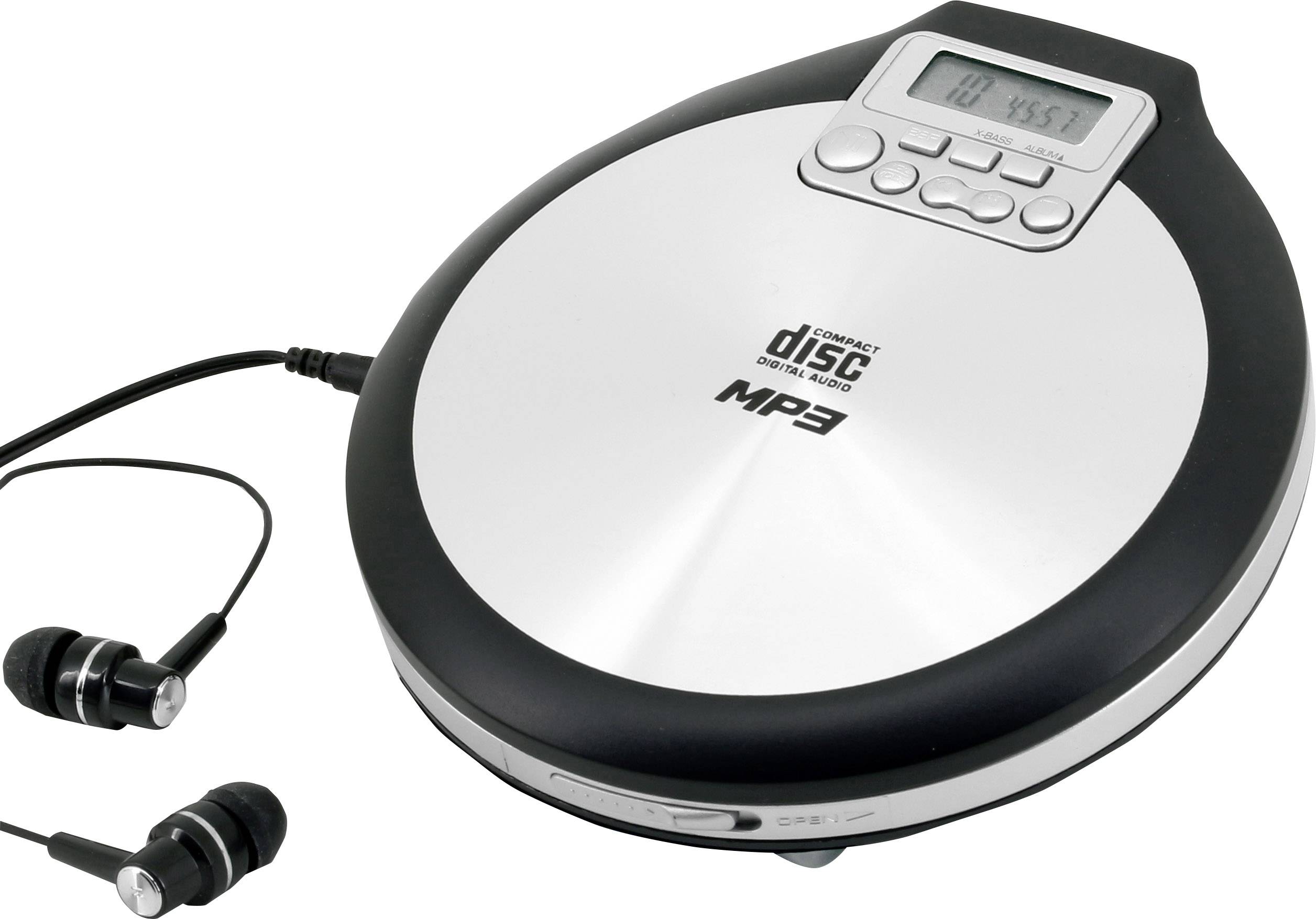 Ein tragbarer CD-Player mit MP3-Funktion, silber-schwarz, mit Digitaldisplay und Bedienelementen. Daneben liegen schwarze In-Ear-Kopfhörer.