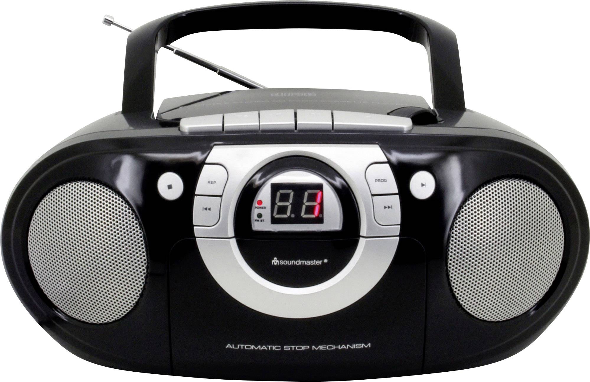 Ein schwarzer tragbarer Radio mit CD-Player, Antenne und digitalem Display mit der Zahl '8.1'.