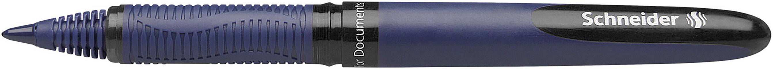 Ein dunkelblauer Kugelschreiber mit der Aufschrift 'Schneider' auf dem Clip.