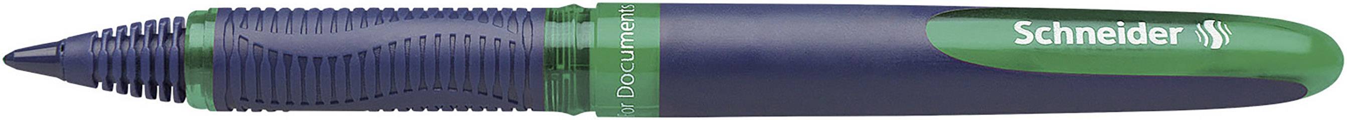 Kugelschreiber mit grünem und blauem Gehäuse, Markenname 'Schneider'.