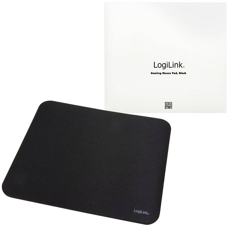 Schwarzes Gaming-Mauspad von LogiLink neben weißer Verpackung mit dem Text 'Gaming Mouse Pad, Black'.