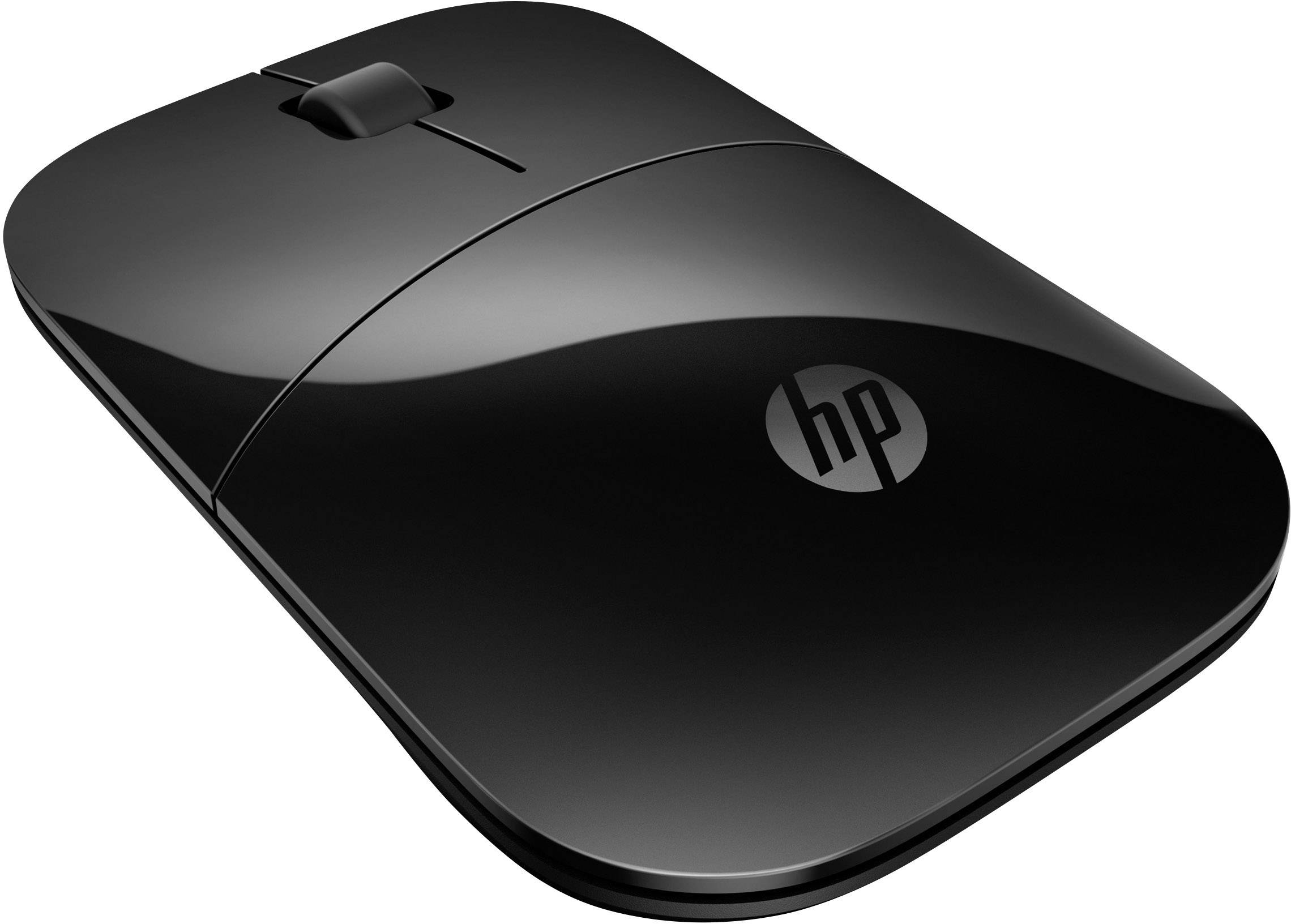Schwarze, kabellose Maus mit glattem, modernem Design, seitlicher Scrollrad und HP-Logo in der Mitte, auf weißem Hintergrund.