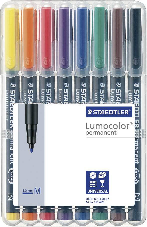 Ein Set von Staedtler Lumocolor Permanentmarkern in verschiedenen Farben. Geeignet für vielseitigen Einsatz, inklusive Universalsymbol.