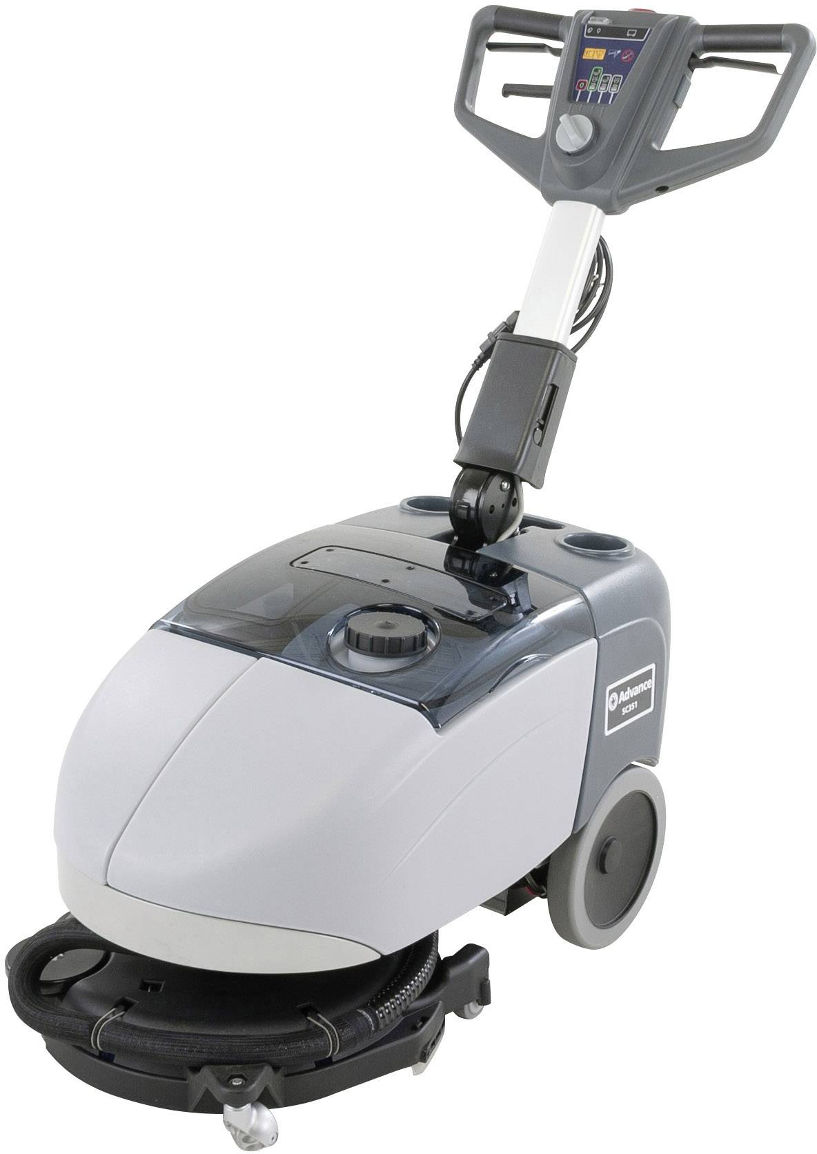 Eine graue Bodenreinigungsmaschine mit Handgriff und Bedienfeld, geeignet für die professionelle Reinigung von Böden in Innenräumen.