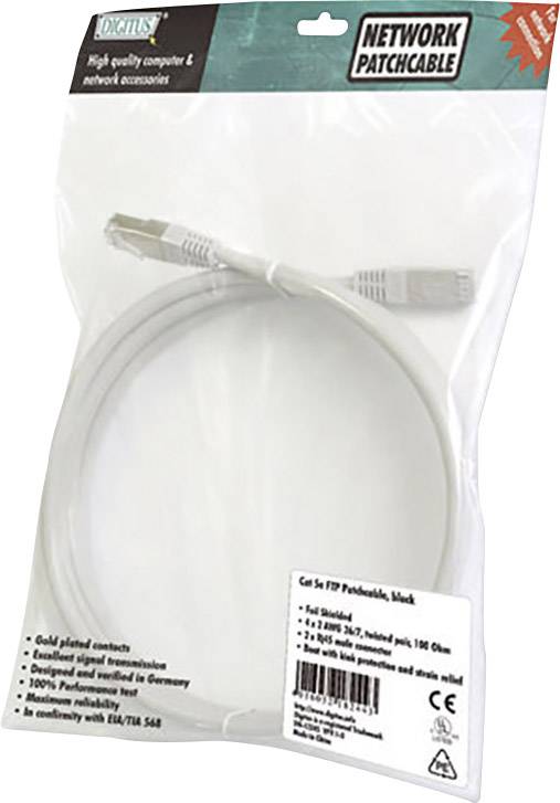 Netzwerkkabel mit RJ45-Steckern, geeignet für Gigabit-Netzwerke. Länge 2 Meter, Cat 5e F/UTP grau, von Digitus.