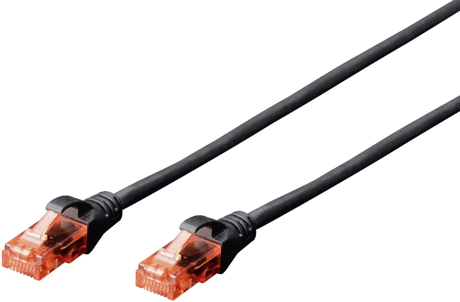 Ein schwarzes Ethernet-Kabel mit zwei orangefarbenen Steckern an beiden Enden.