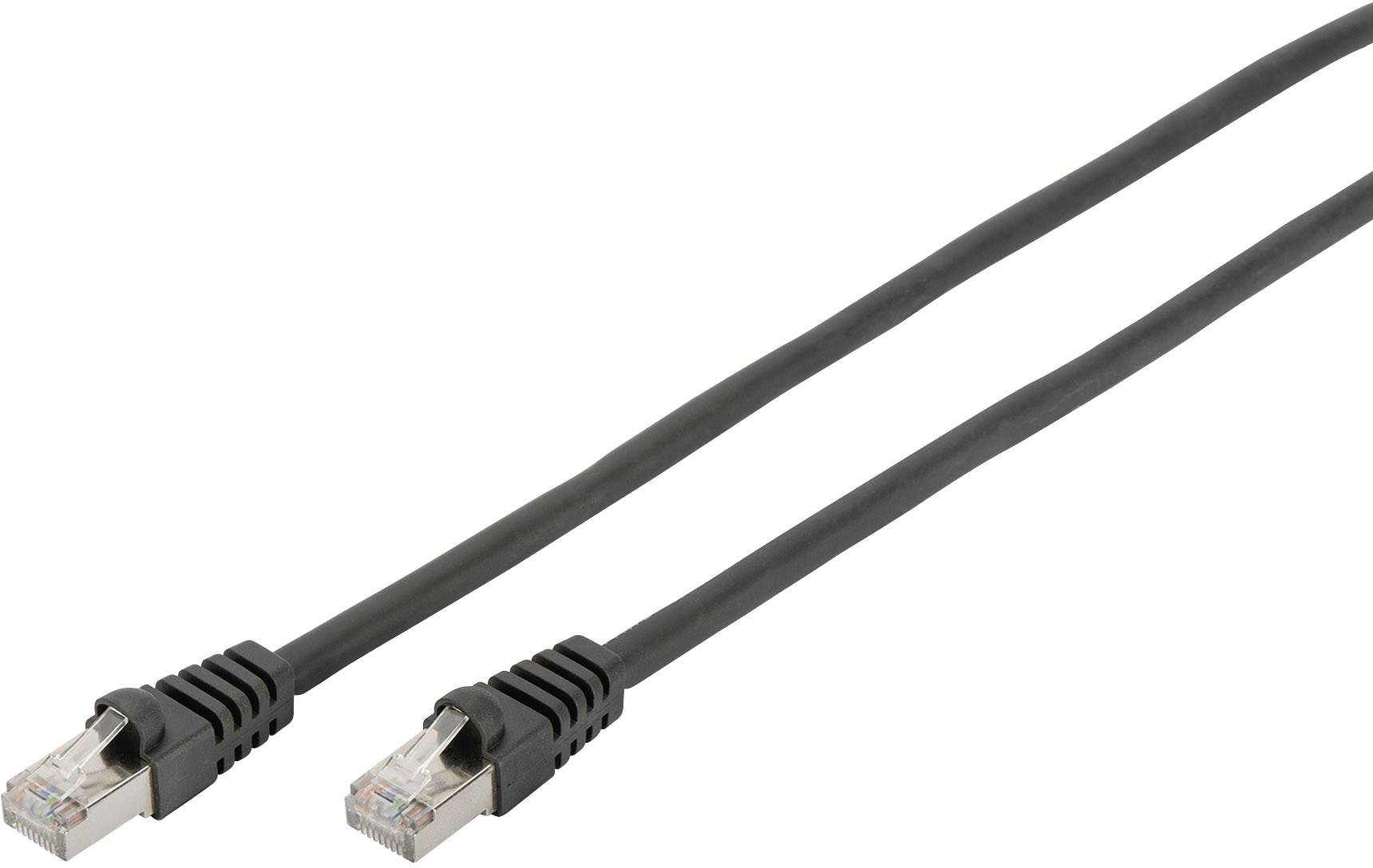 Schwarzes Ethernet-Kabel mit zwei RJ45-Steckern an beiden Enden, auf weißem Hintergrund.