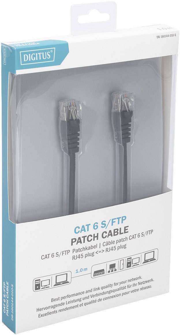 CAT 6 S/FTP Patchkabel von Digitus, 1 Meter, RJ45-Stecker, geeignet für Hochleistungsdatenübertragung und Netzwerkanwendungen.