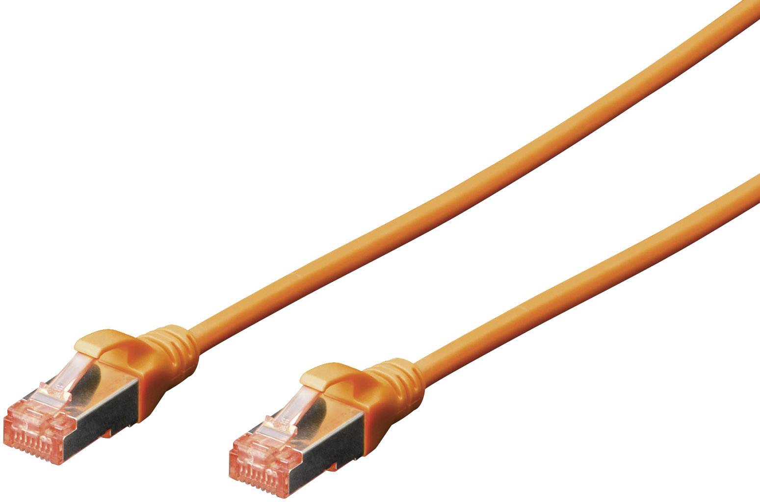 Orange Ethernet-Kabel mit zwei RJ45-Steckern, Vorder- und Rückseite sichtbar, verwendet für Netzwerkanbindungen.