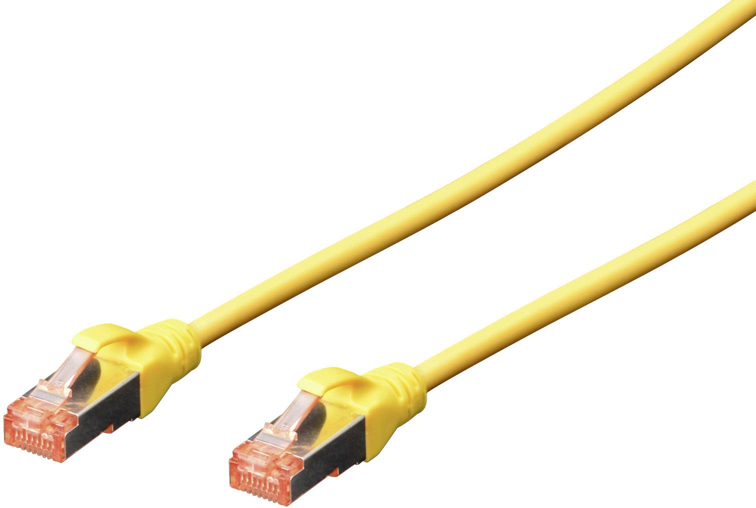 Gelbes Netzwerkkabel mit zwei RJ-45-Steckern, verwendet zur Verbindung von Computern mit Netzwerken für Datenübertragung.