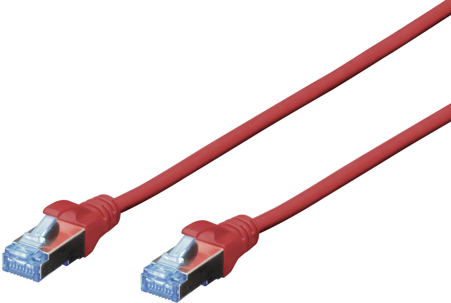 Zwei rote Netzwerkkabel, jeweils mit RJ45-Steckern an beiden Enden, auf weißem Hintergrund.