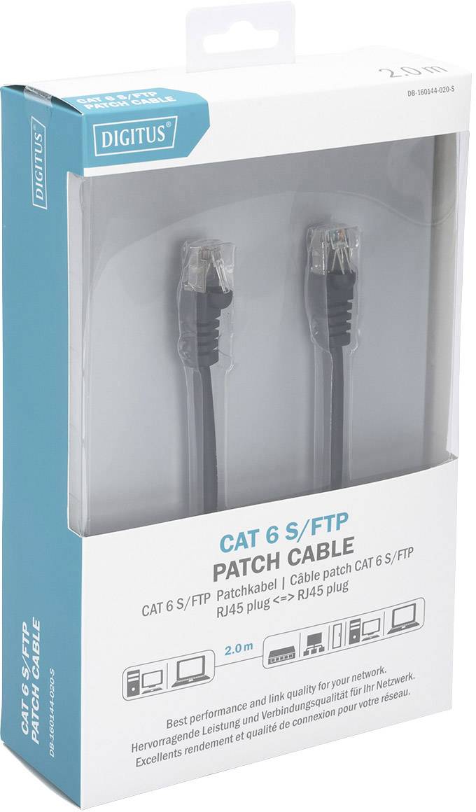 Digitus DB-160144-020-S RJ45 Netzwerkkabel, Patchkabel CAT 6 S/FTP 2.00 m Schwarz Halogenfrei, verdrillte Paare 1 St.