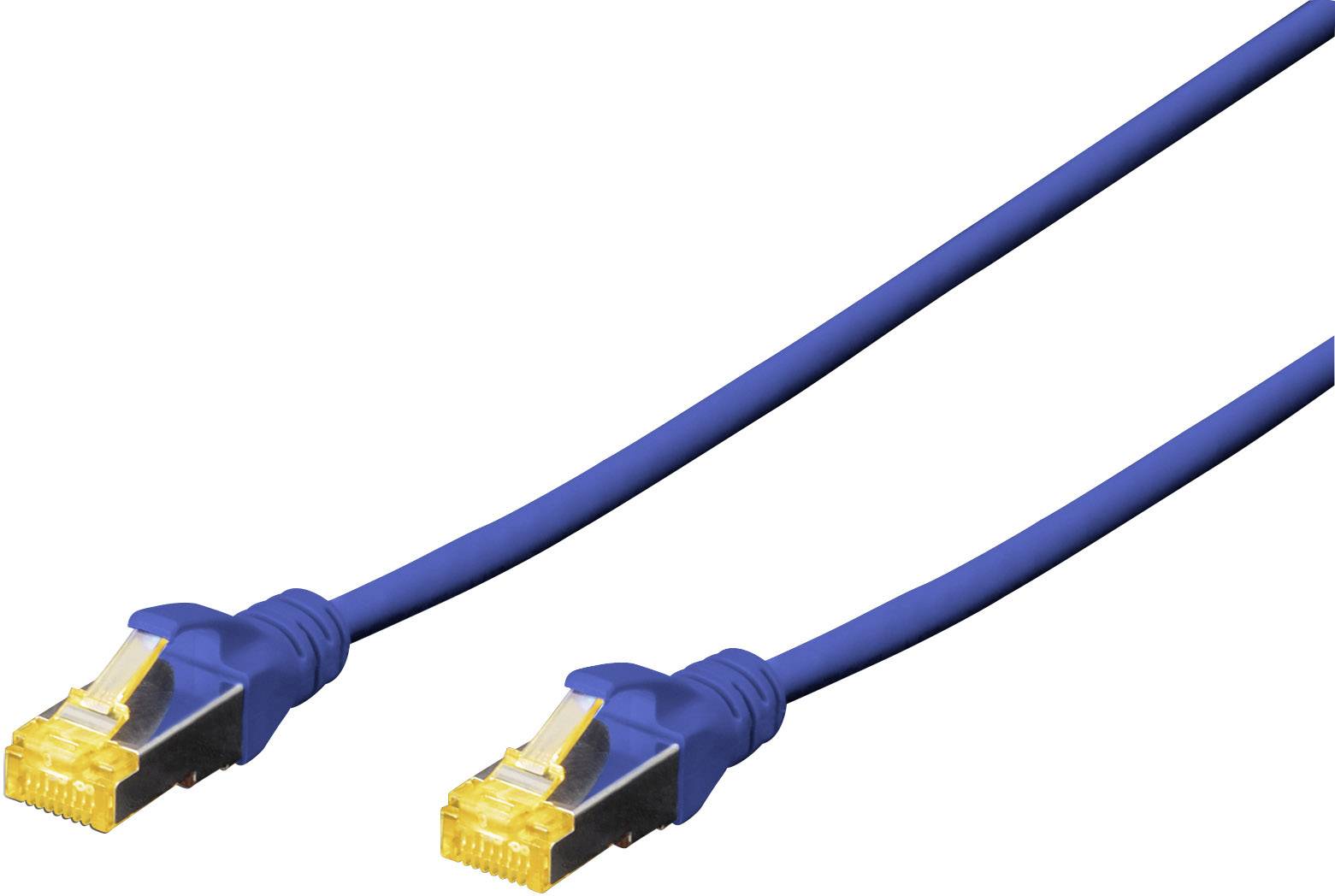 Blaues Ethernet-Kabel mit zwei RJ45-Steckern an beiden Enden, geeignet für Netzwerkinstallation.