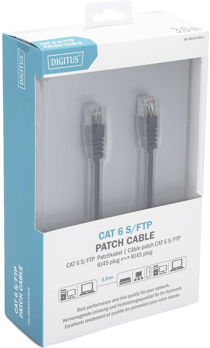 Verpackung eines Cat 6 S/FTP Patchkabels, 3 Meter lang, Marke Digitus. Zeigt zwei Kabel mit RJ45-Steckern. Text: 'Cat 6 S/FTP Patch Cable'.