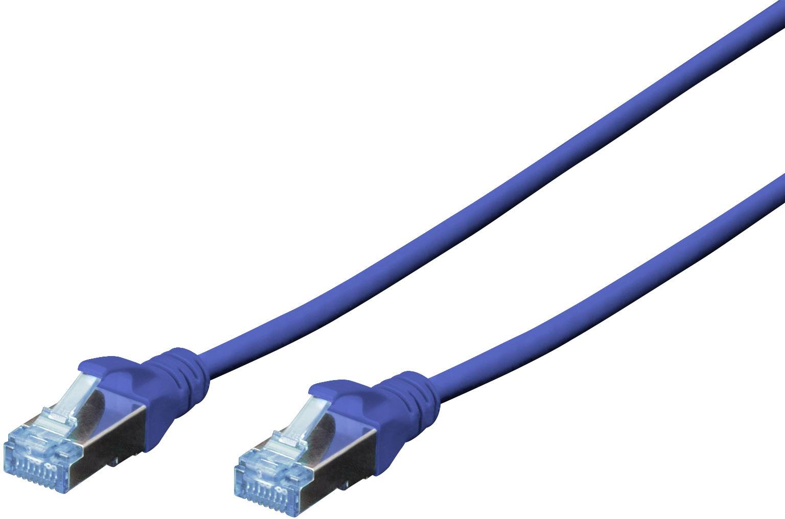 Blaues Ethernet-Kabel, zeigt zwei RJ-45-Stecker an beiden Enden, verwendet für Netzwerkverbindungen in Computernetzwerken.