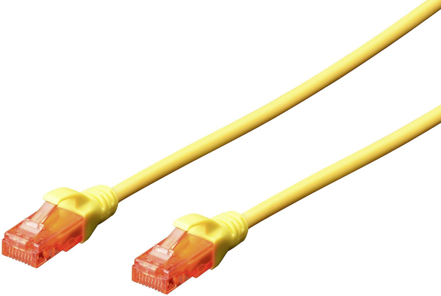 Ein gelbes Ethernet-Kabel mit zwei orangefarbenen RJ-45-Steckern, häufig verwendet zur Netzwerkverbindung von Computern.