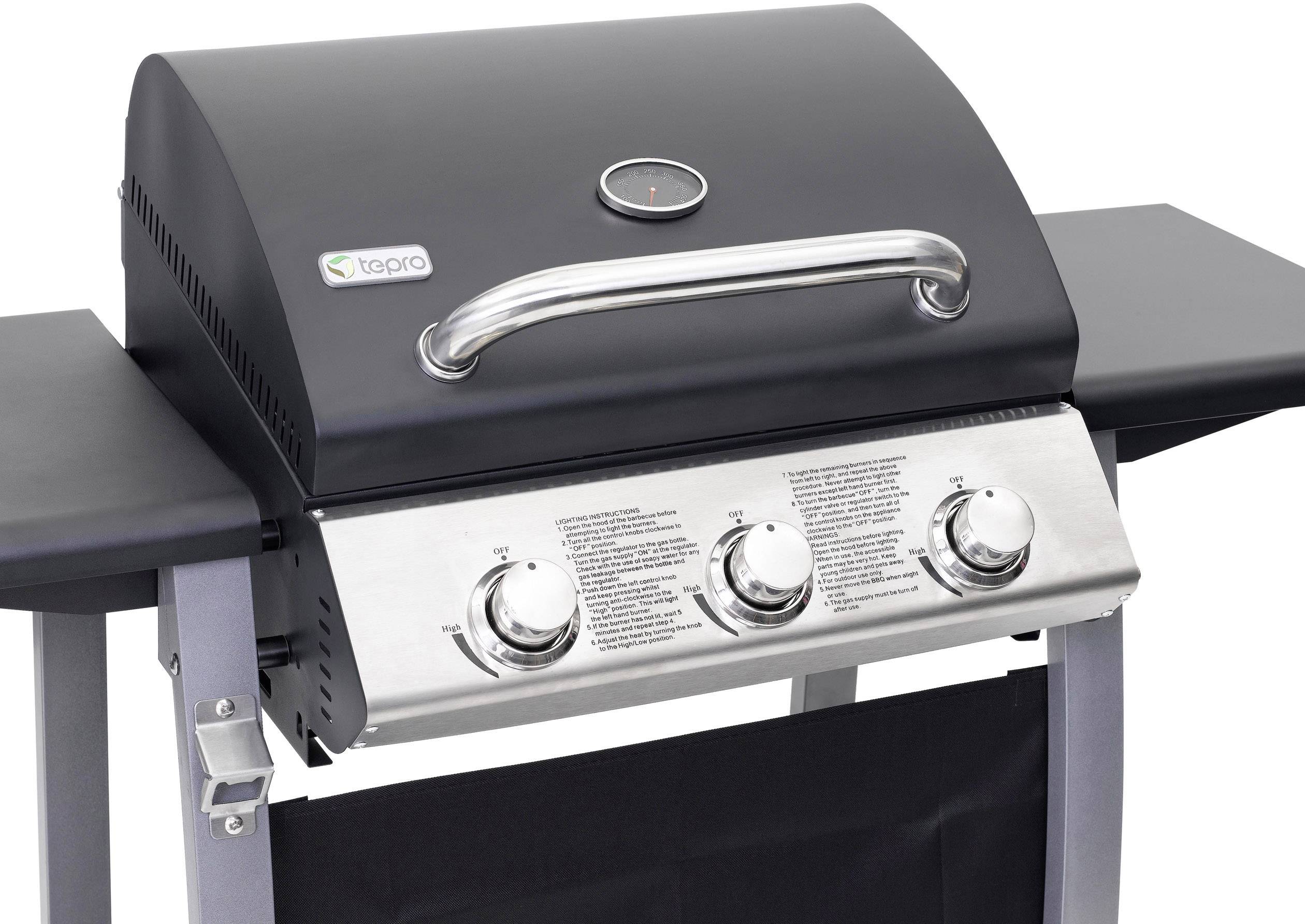 Tepro Garten Clarksdale Grillwagen Gas-Grill 3 Brenner Schwarz, Grau