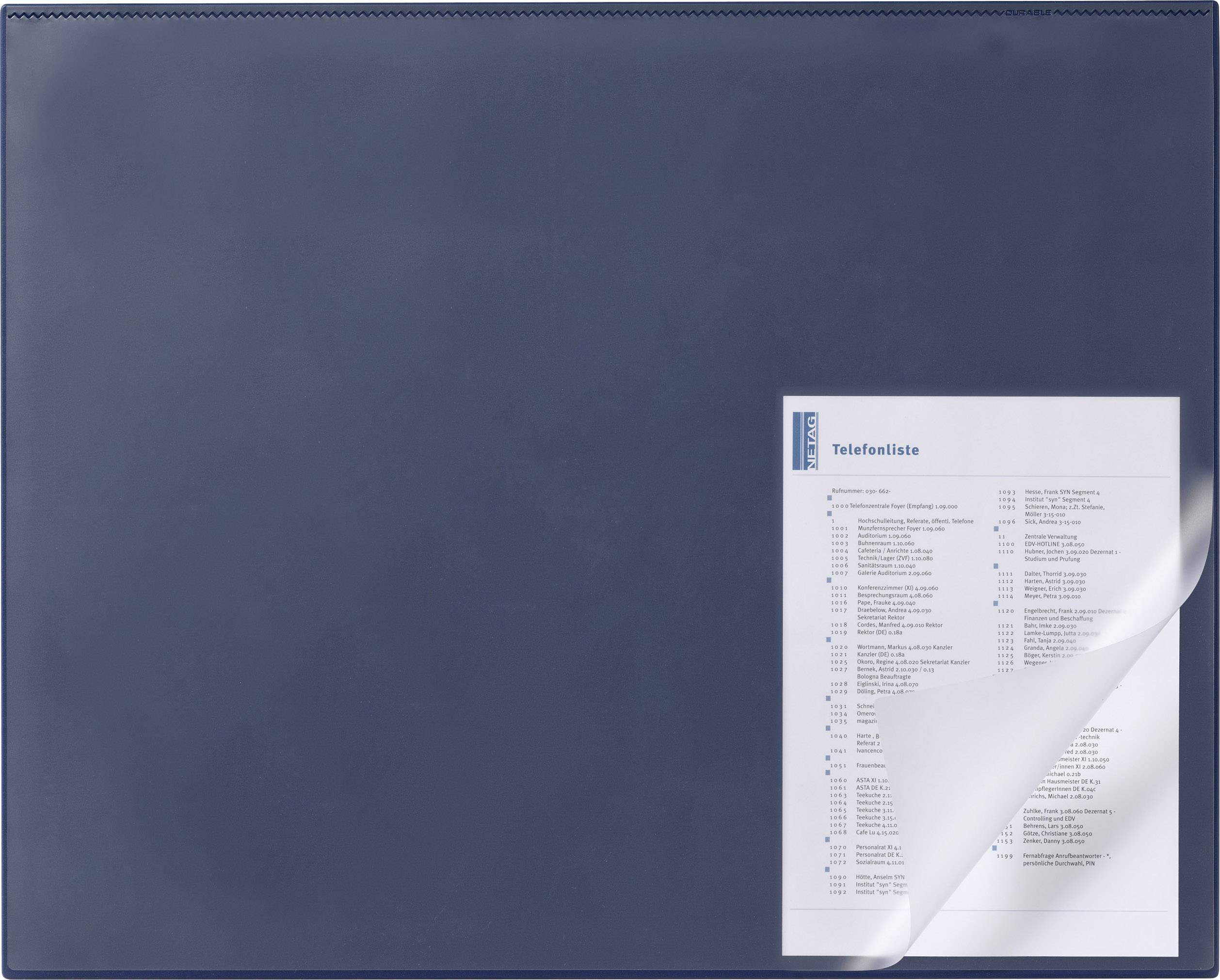 Eine durchsichtige Hülle enthält ein Dokument mit dem Titel 'Telefonliste', das mehrere Namen und Telefonnummern in Listenform zeigt.