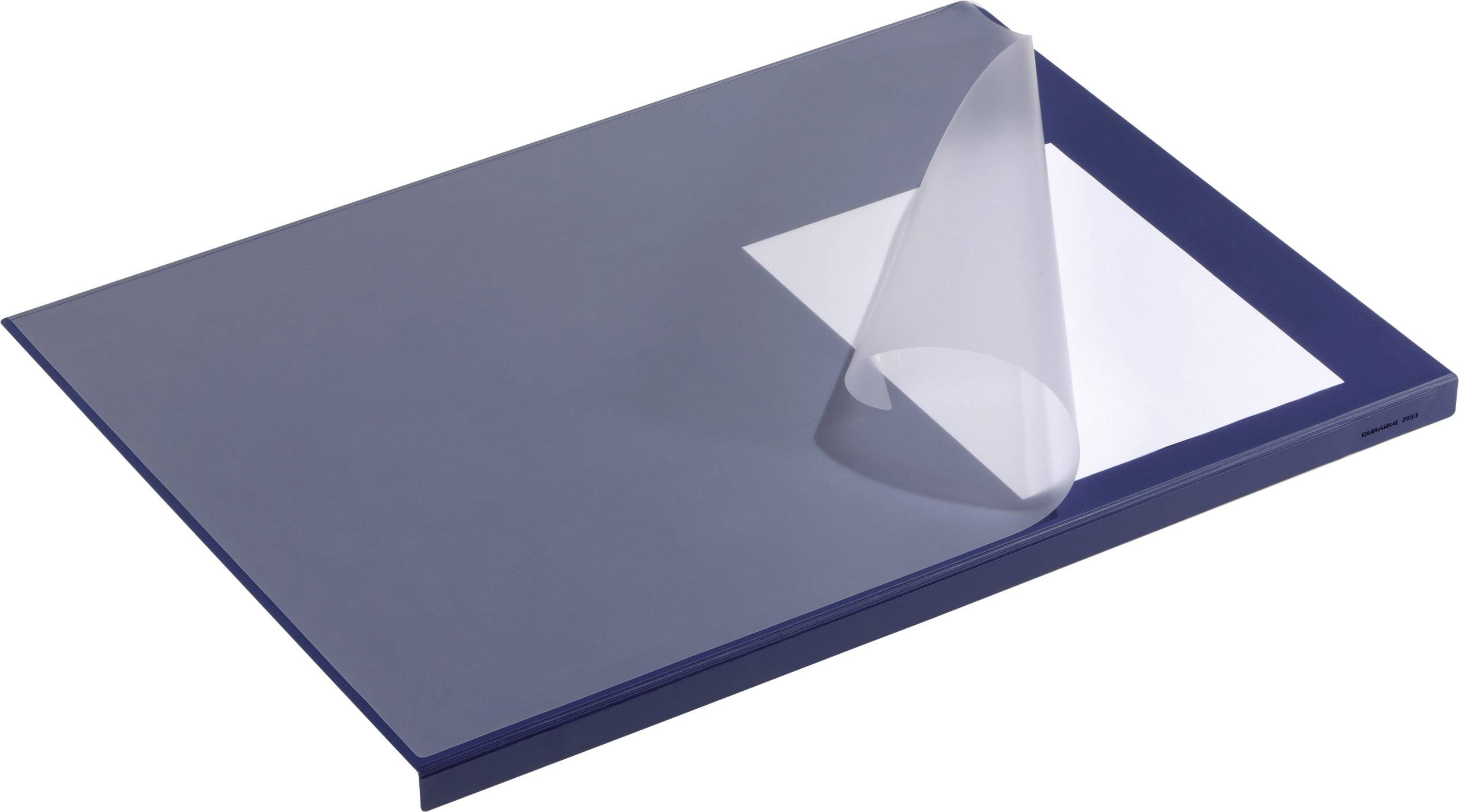 Ein blauer Präsentationsordner mit transparenter Deckseite, die ein weißes Blatt Papier teilweise sichtbar macht.