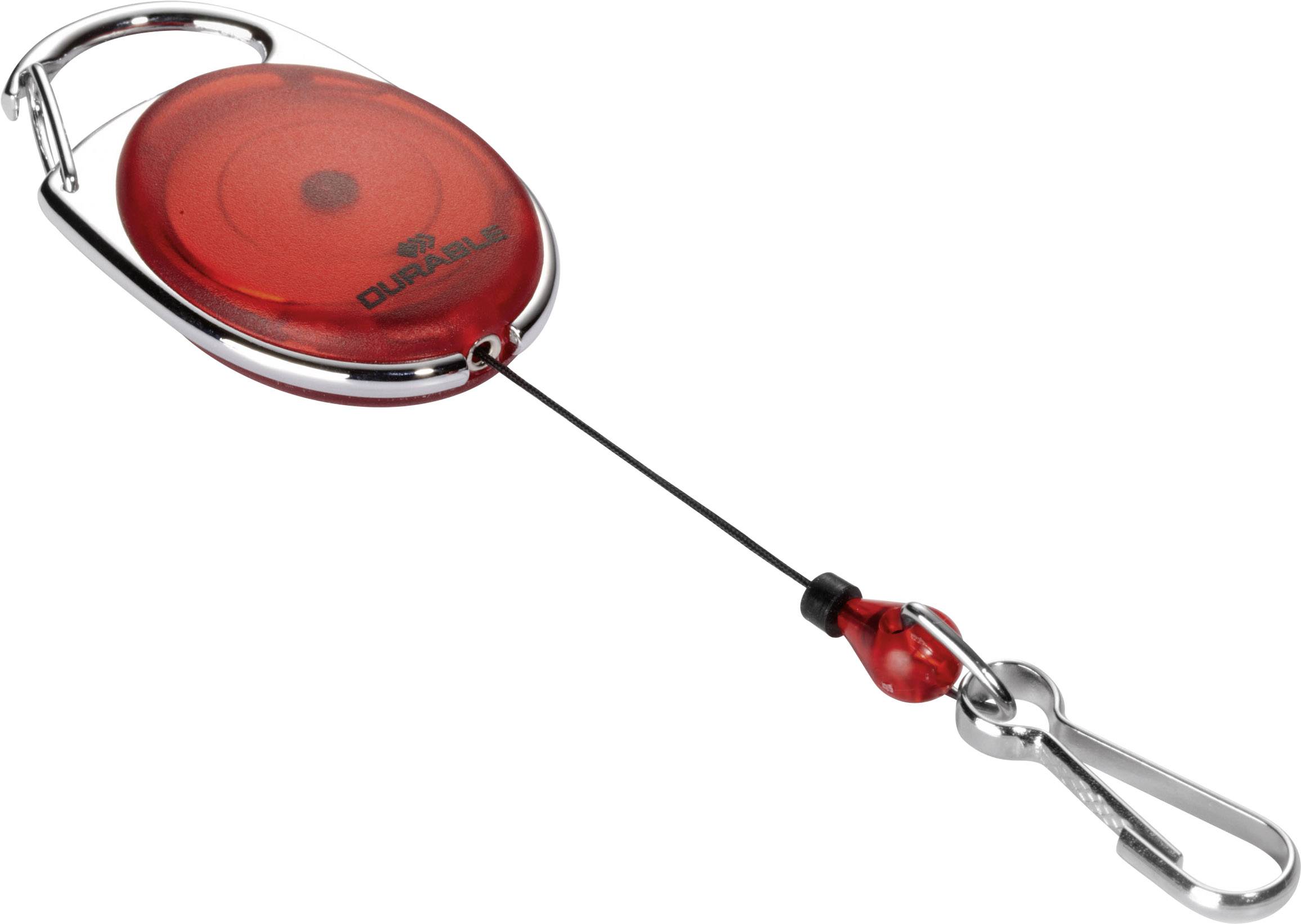 Ein roter Schlüsselanhänger mit ausziehbarem Kabel und Metallclip, versehen mit dem Schriftzug 'DURABLE', ideal für Ausweise.