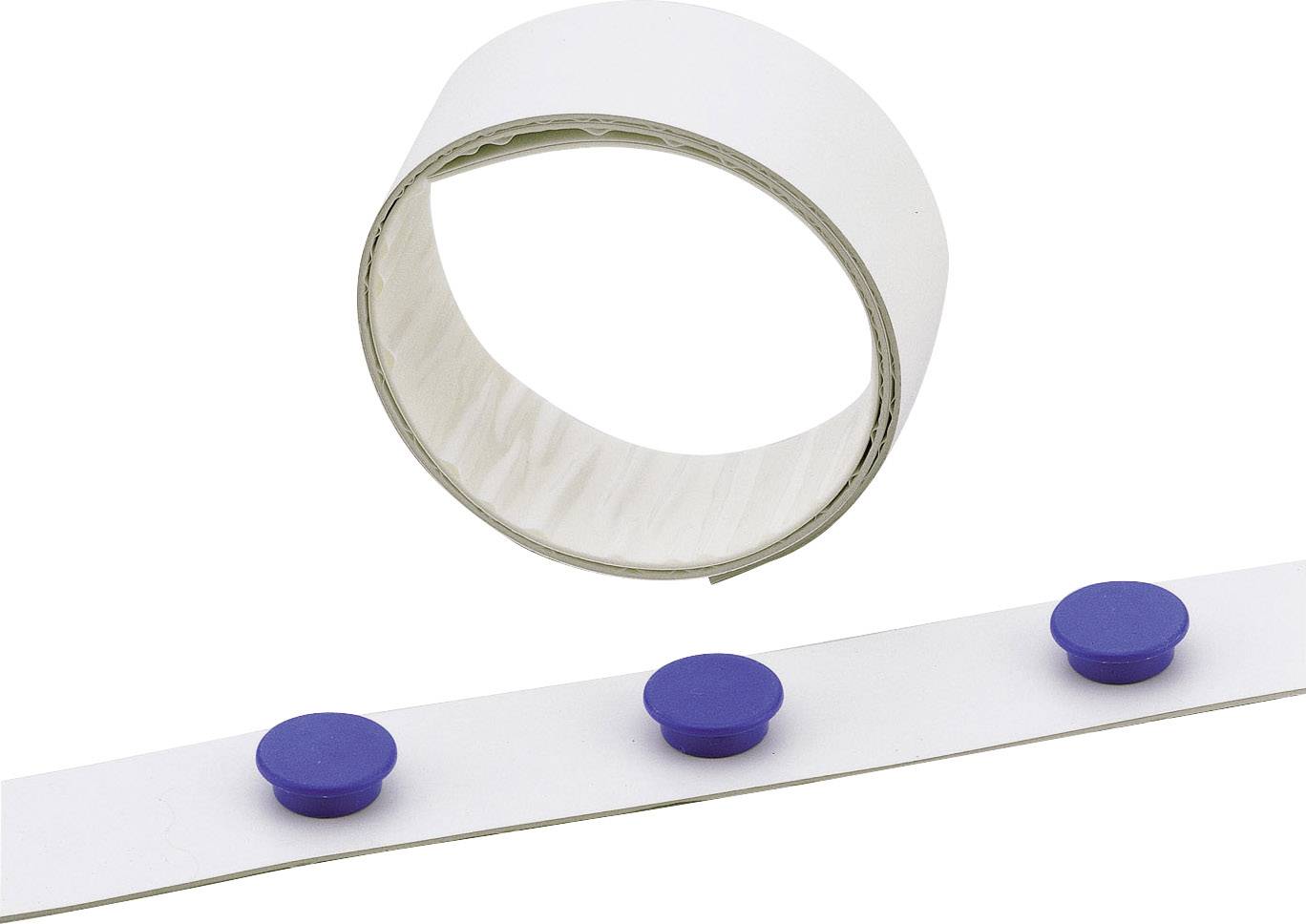Weiße Klettbandrolle mit blauen Hakenverschlüssen, drei sichtbar.