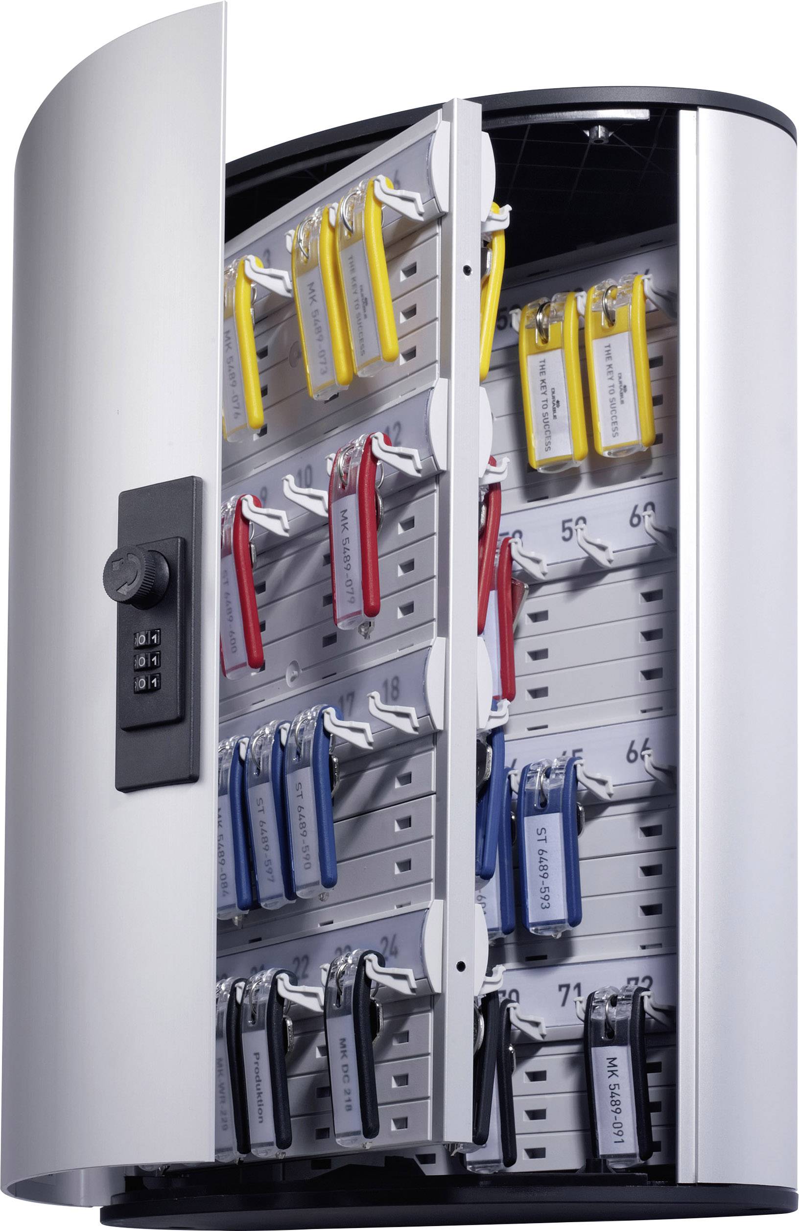 Ein offener Schlüsselschrank mit mehreren Reihen von Schlüsselhaken und farblich gekennzeichneten Schlüsseln. Ein digitales Schloss befindet sich an der Tür.