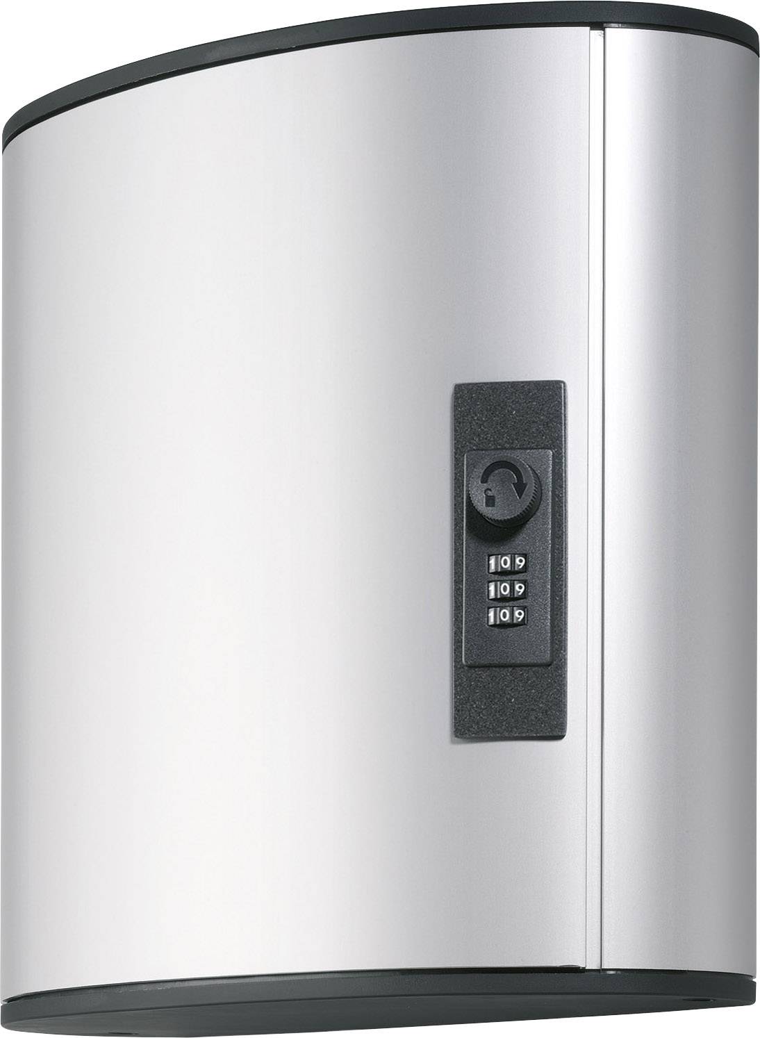 Ein stilvoller silberner Abfallbehälter mit einem schwarzen Bedienfeld vorne, das Knöpfe zur Steuerung zeigt.