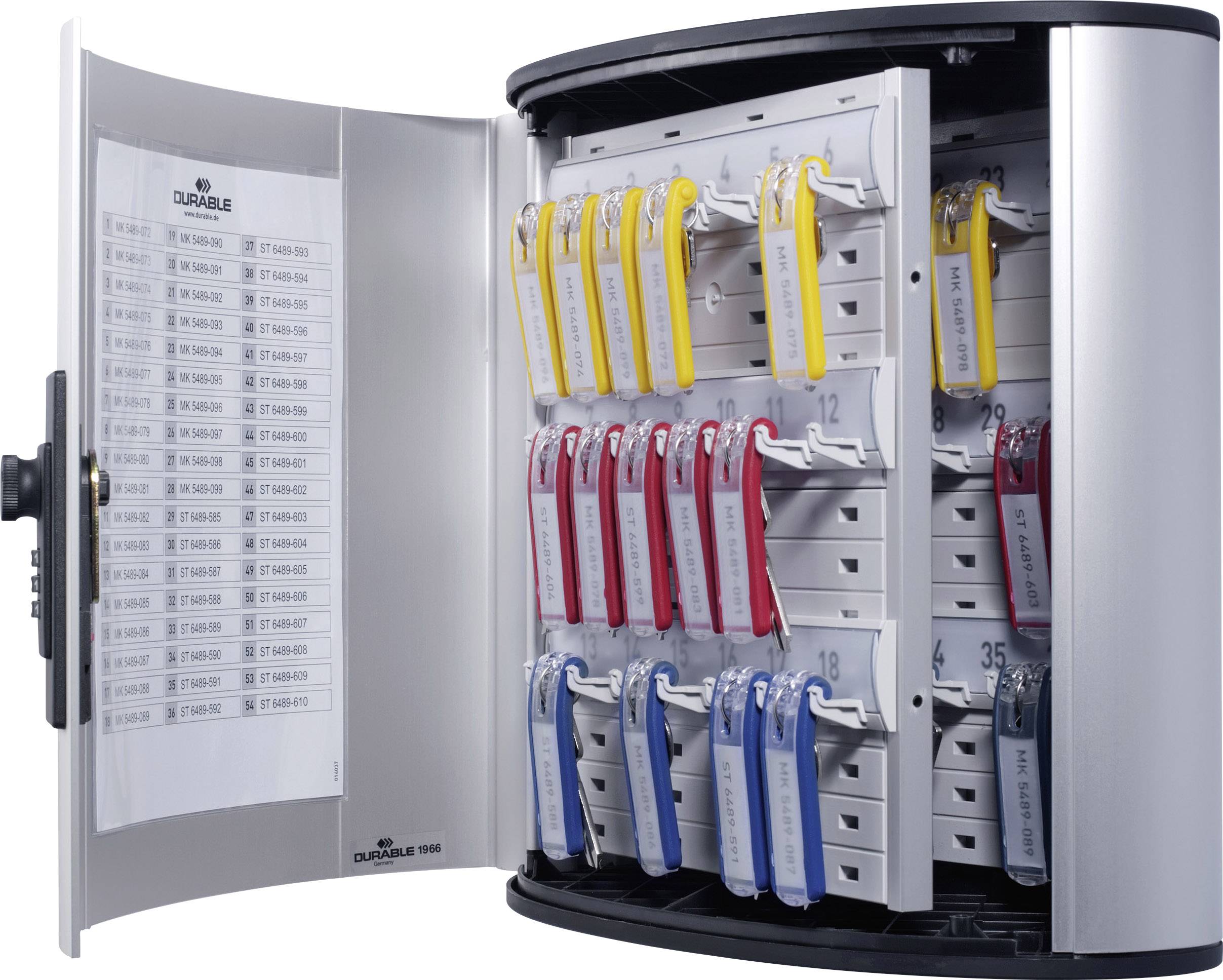 Ein offener Schlüsselschrank mit mehreren Schlüsselhaken, an denen bunte Schlüsselanhänger hängen; links eine Liste mit Beschriftungen.