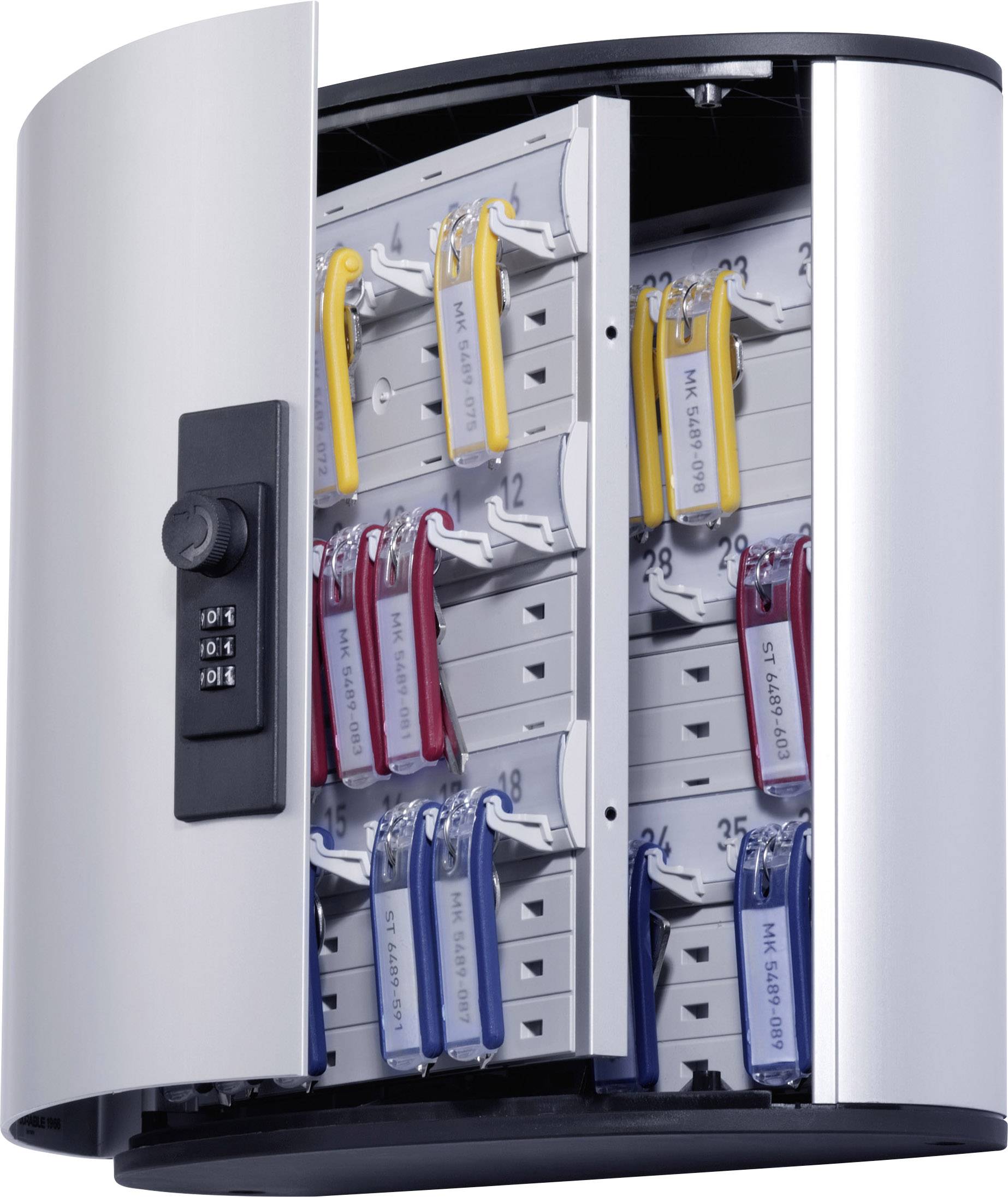 Ein geöffneter Schlüsselkasten mit nummerierten Haken und farbigen Schlüsselanhängern. Ein Zahlenschloss ist an der Seite.