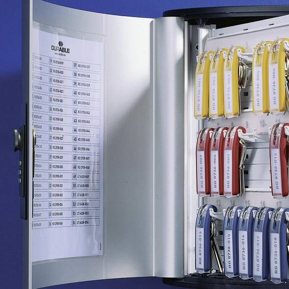 Ein geöffneter Schlüsselschrank mit nummerierten Schlüsseln in verschiedenen Farben und einer darauf angebrachten Liste mit Codes.