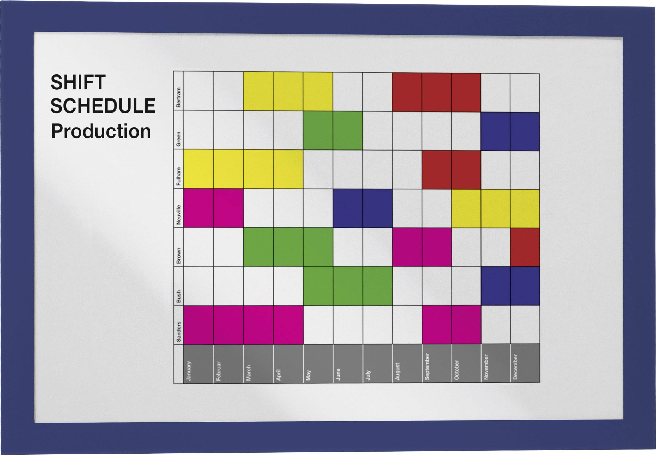 Dienstplan für die Produktion: Eine Tabelle zeigt bunte Felder, die Schichten von Montag bis Sonntag für verschiedene Arbeiter darstellen.