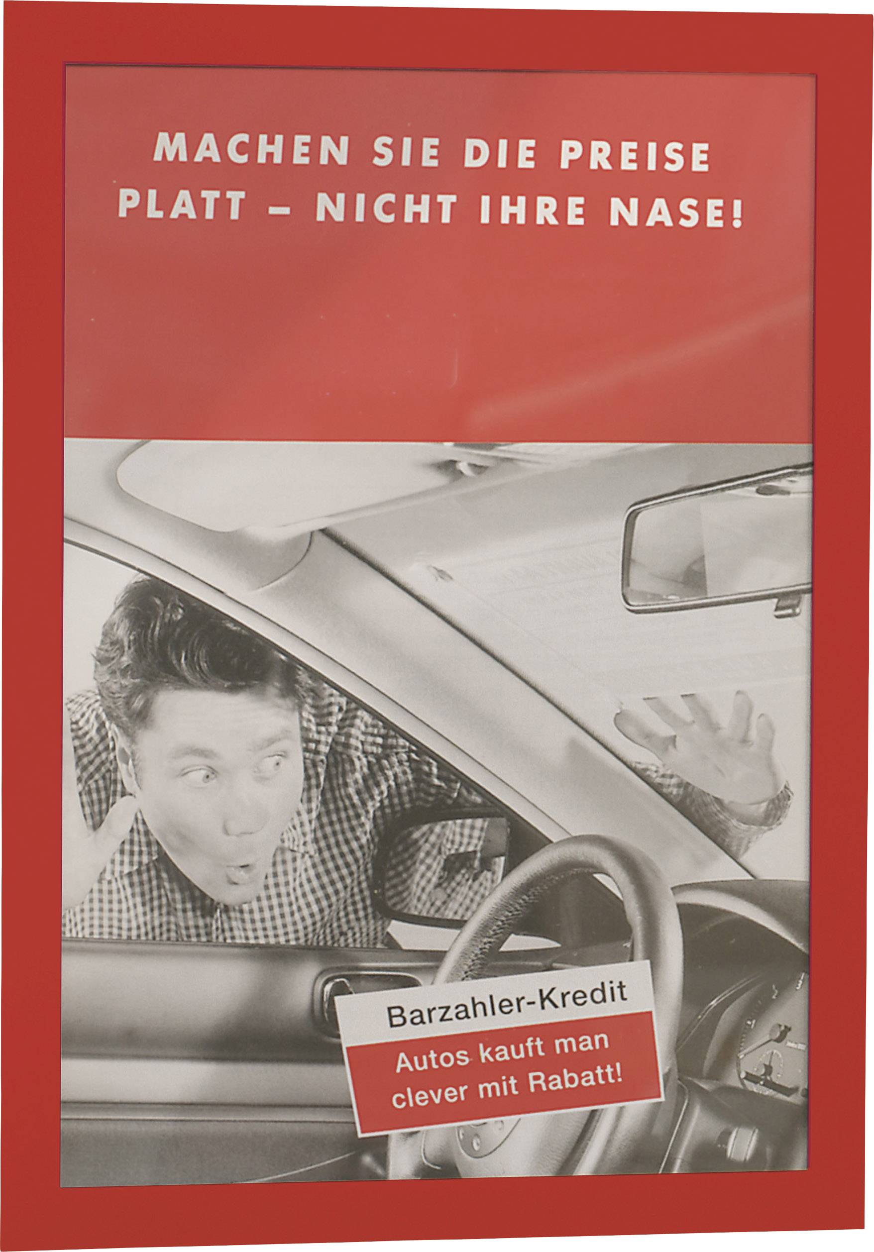 Ein Mann schaut erschrocken durch das Seitenfenster eines Autos. Text oben: 'Machen Sie die Preise platt - nicht Ihre Nase!'.