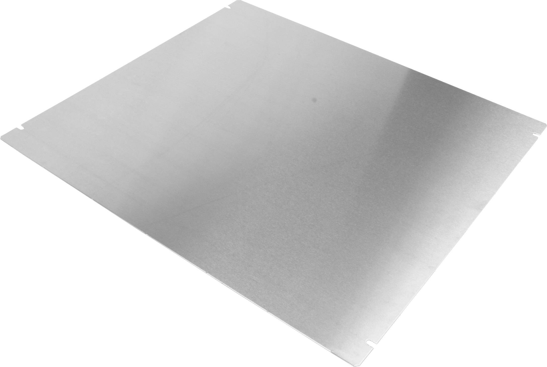 Ein flaches, rechteckiges Metallblech mit glänzender Oberfläche. Es ist reflektierend und hat leichte Schatten an den Rändern.