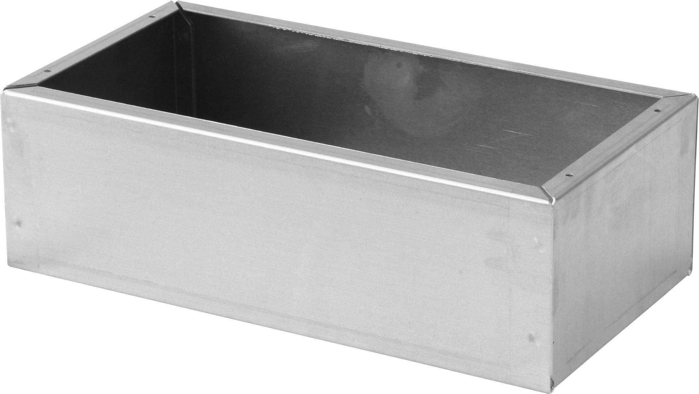 Ein rechteckiger Metallbehälter mit offenem Innenraum, geeignet zur Aufbewahrung oder zum Transport von Gegenständen.