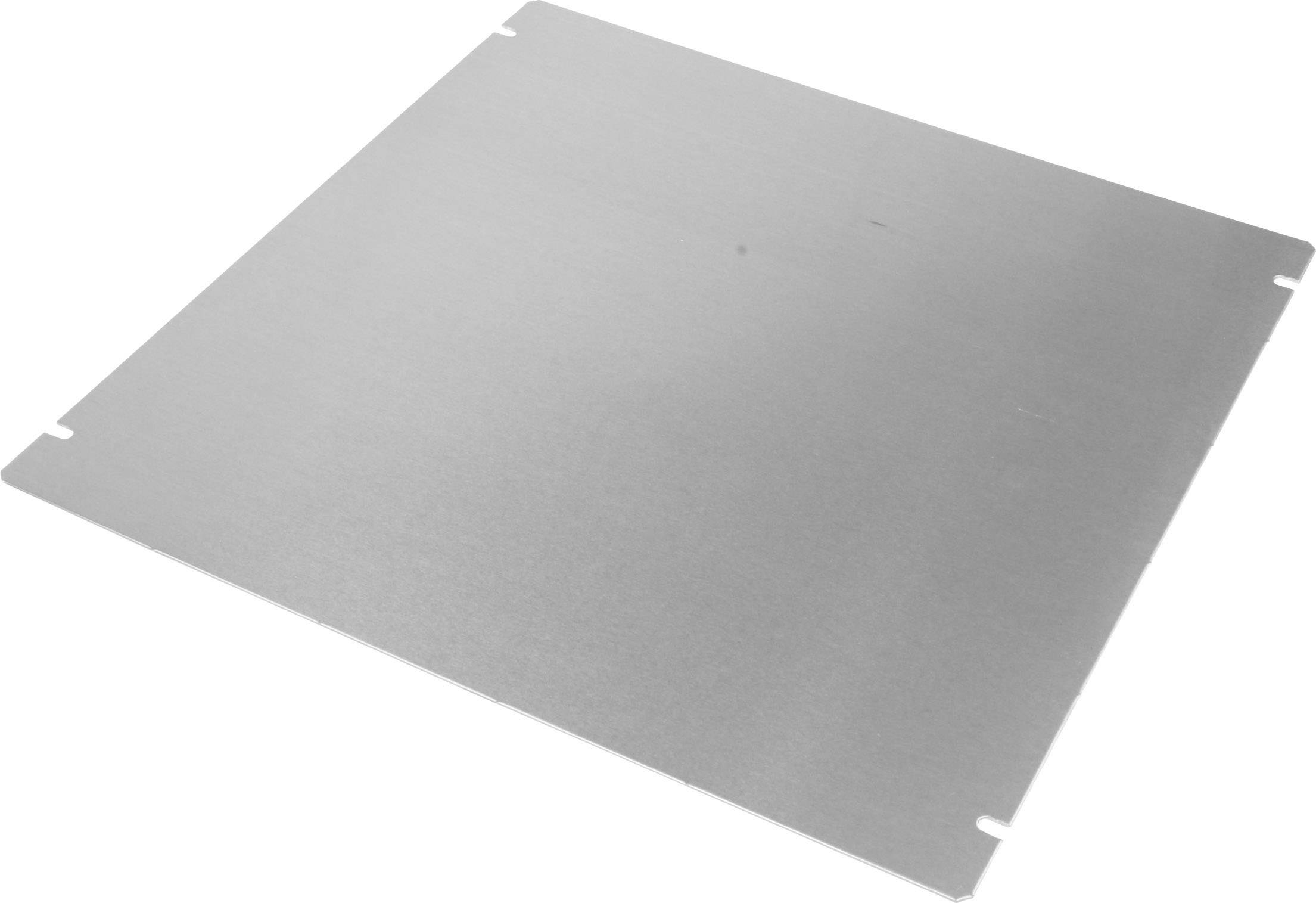 Ein rechteckiges Metallblech mit abgerundeten Ecken, vor einem neutralen Hintergrund.