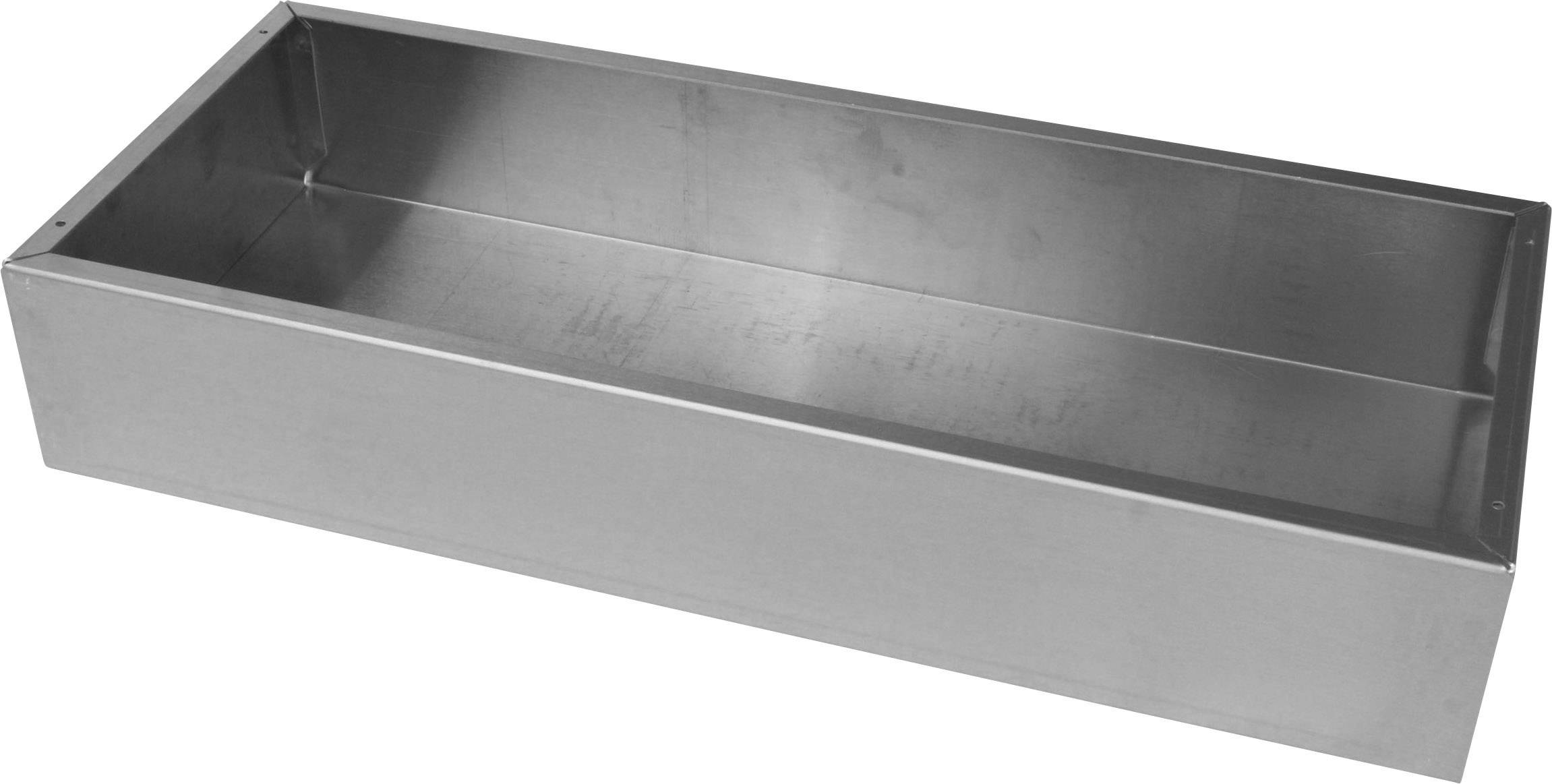 Metallbehälter in rechteckiger Form ohne Deckel, mit glatter Oberfläche und silberfarbenem Finish. Geeignet zur Aufbewahrung.