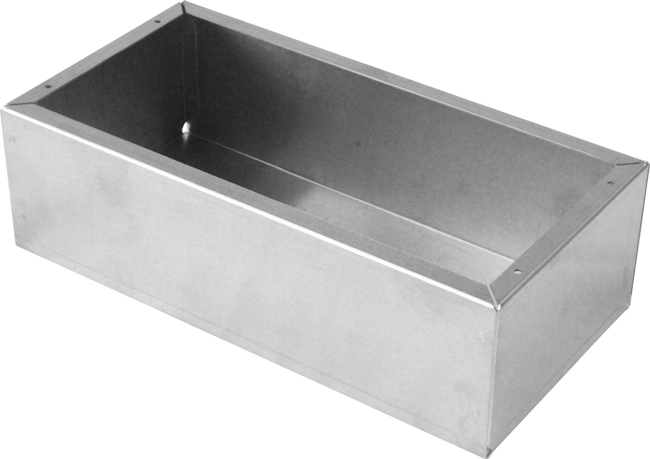 Rechteckige Metallkiste, offen oben, mit glatten Seiten und ohne sichtbare Griffe oder Öffnungen.