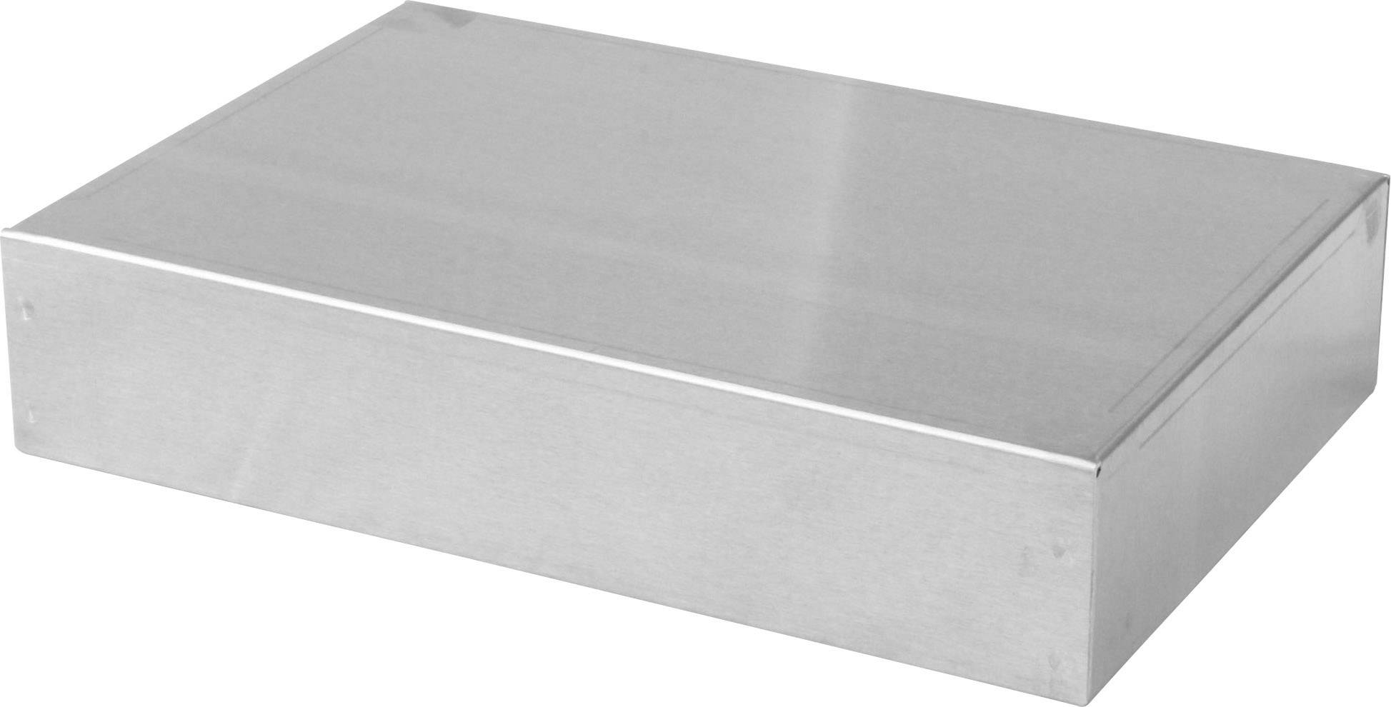Eine rechteckige Metallbox mit glatter Oberfläche, silberfarben, ohne sichtbare Marken oder Kennzeichnungen.