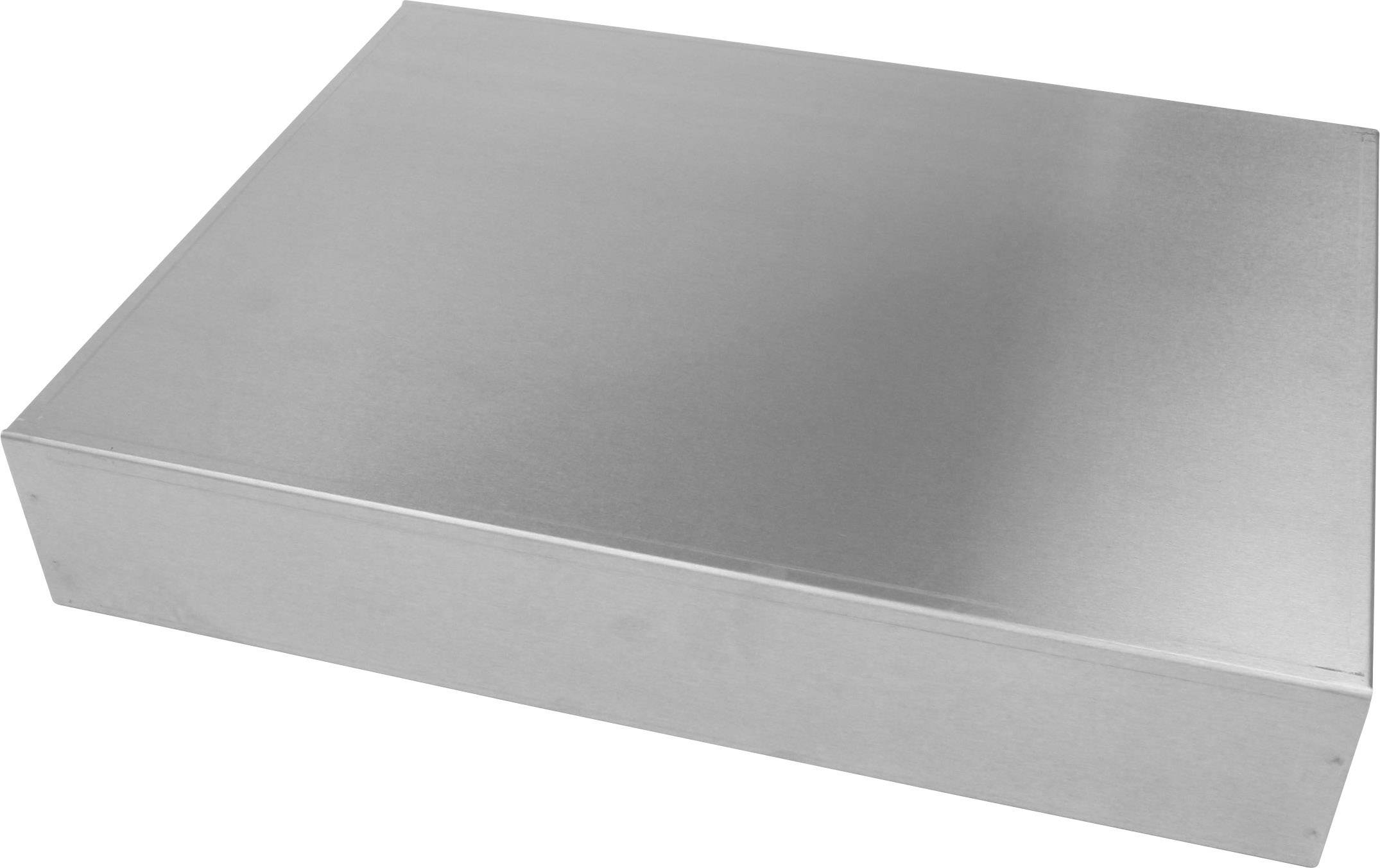 Ein rechteckiger, flacher Metallkasten mit glatter Oberfläche, möglicherweise ein Gehäuse oder eine Abdeckung.