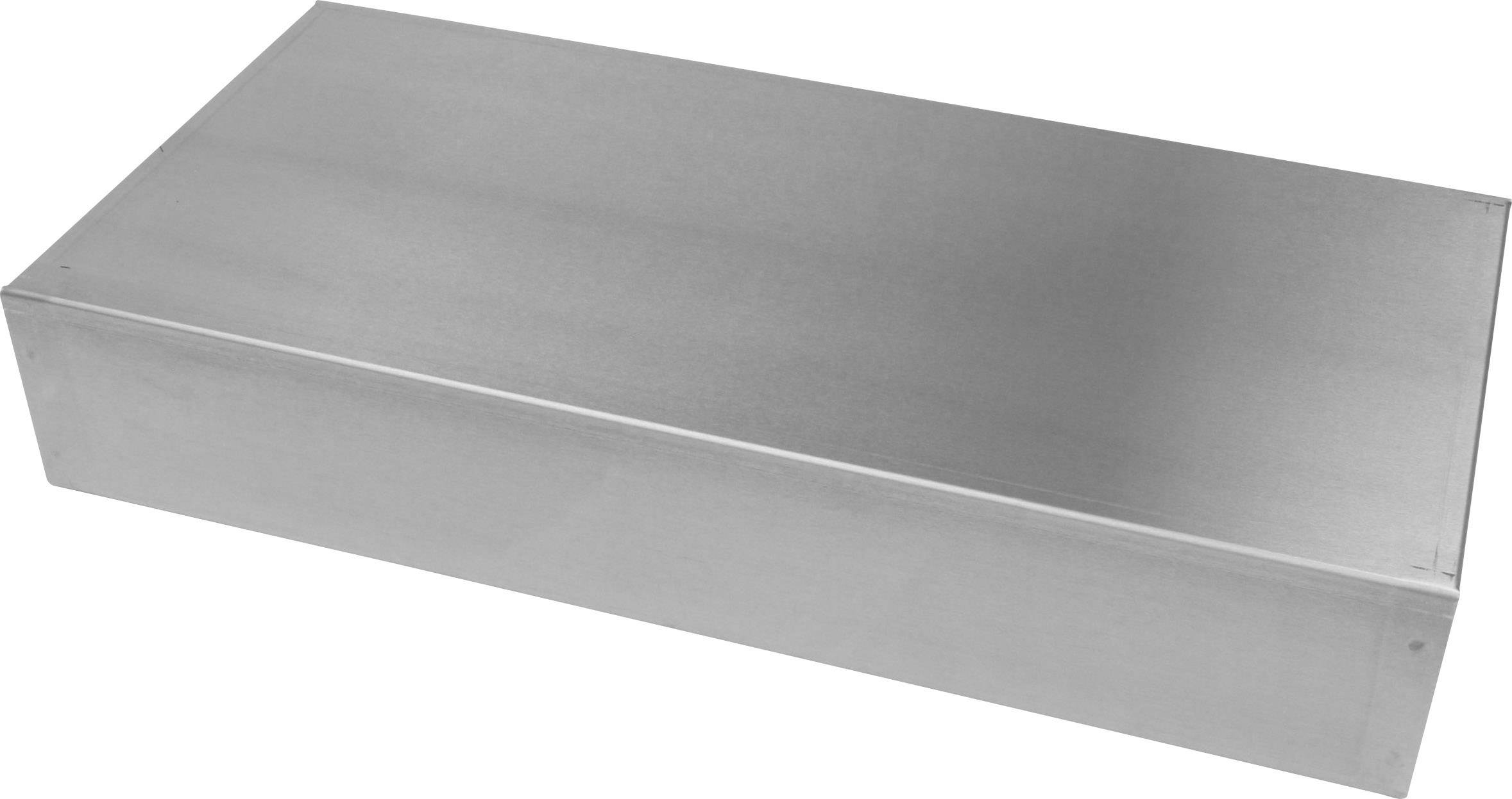 Metallbox in Rechteckform, silberfarben. Die Box hat keine sichtbaren Verzierungen oder Beschriftungen.