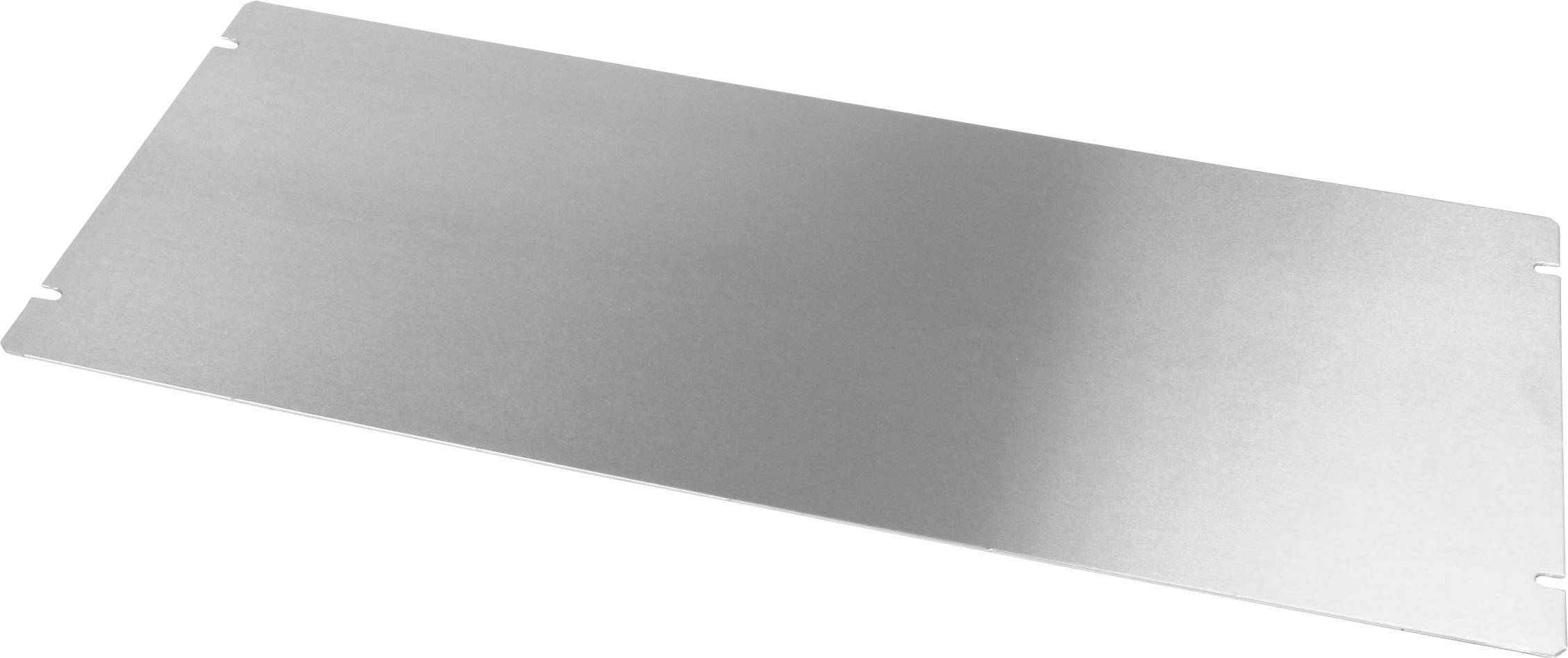 Eine rechteckige, flache Metallplatte mit abgerundeten Ecken. Sie hat eine glatte, glänzende Oberfläche und keine sichtbaren Markierungen.