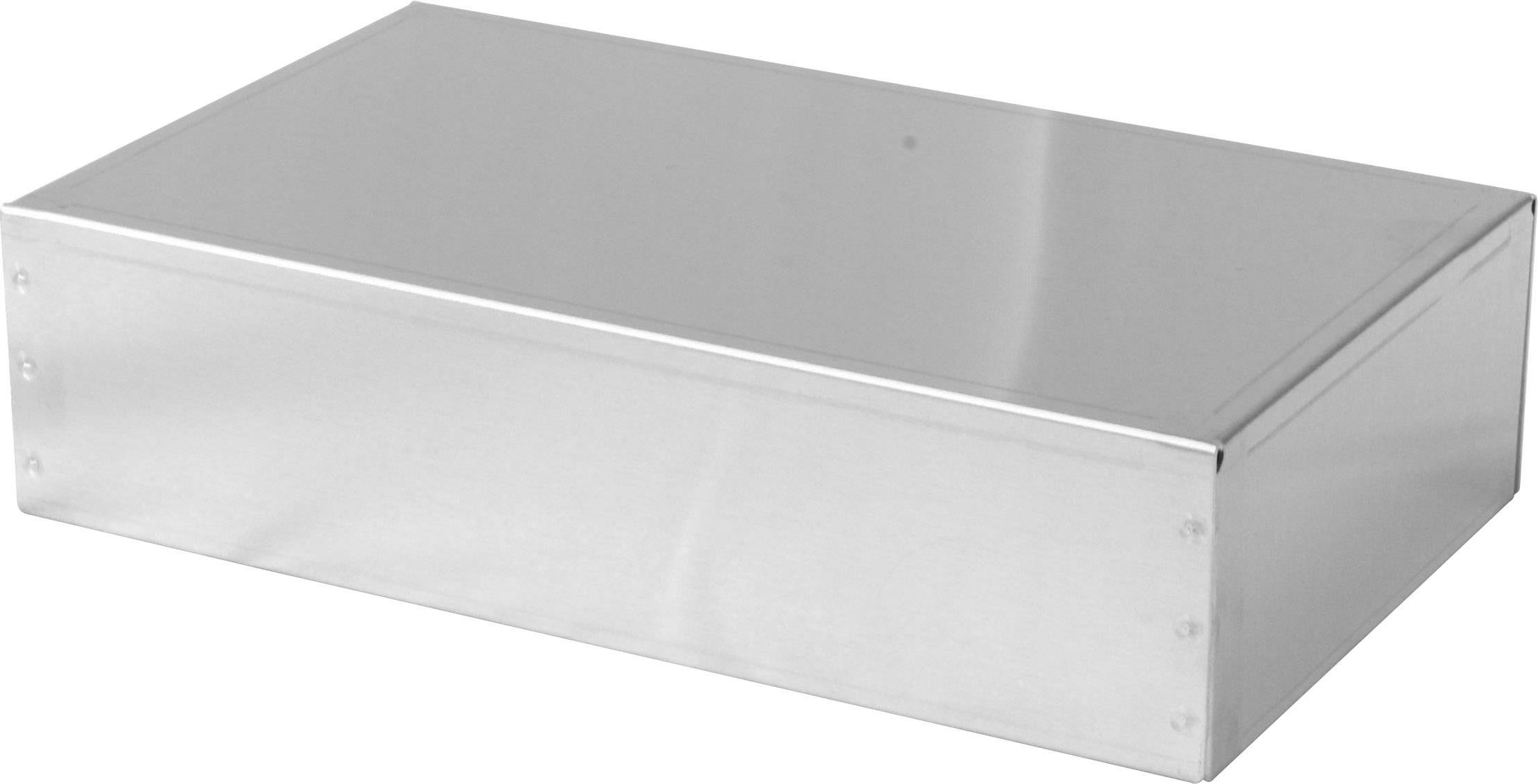 Ein graues, rechteckiges Metallgehäuse mit glatter Oberfläche und abgerundeten Kanten auf einer neutralen Hintergrund.