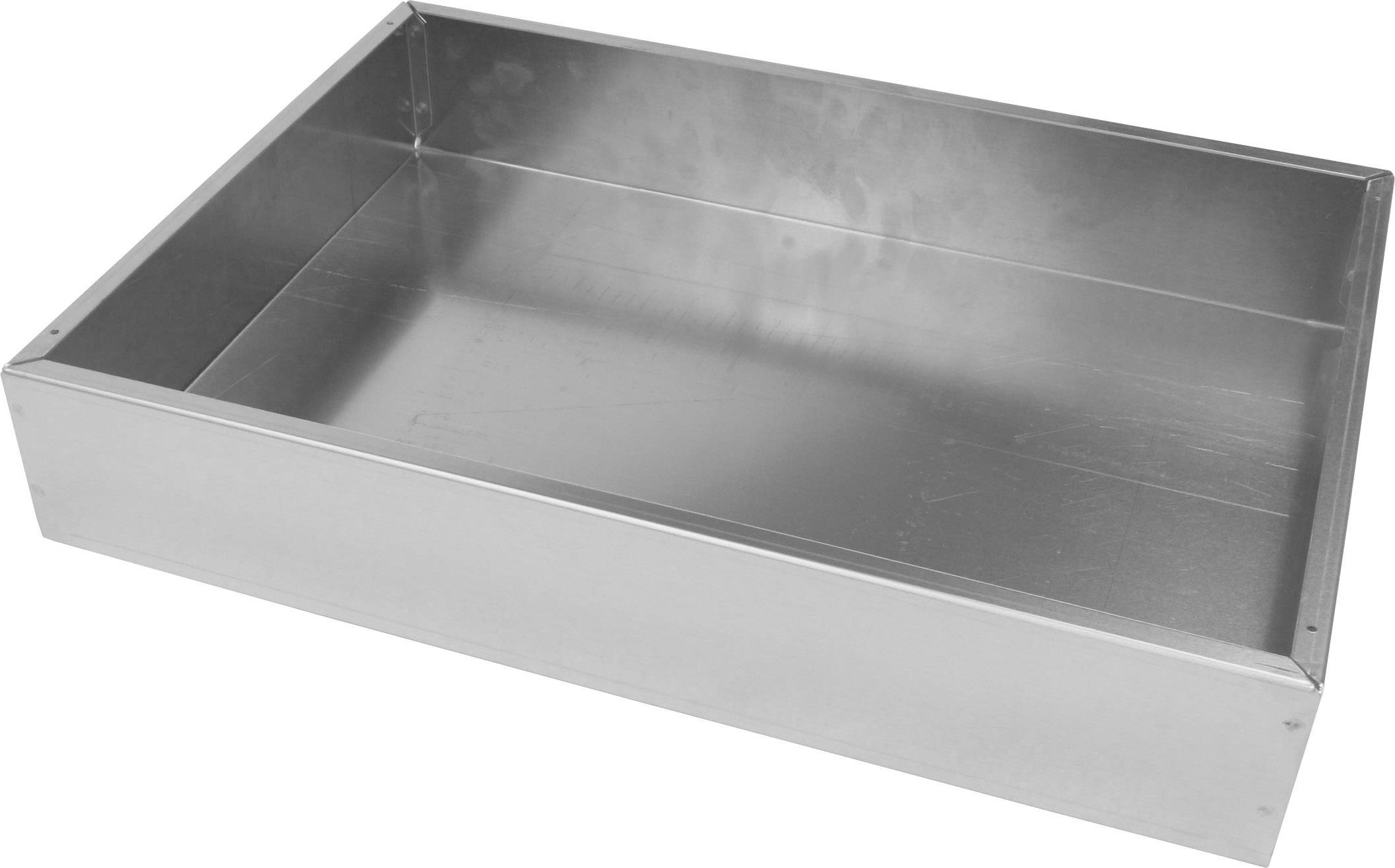Rechteckige Metallschale, blank poliert, mit hohen Seitenwänden.
