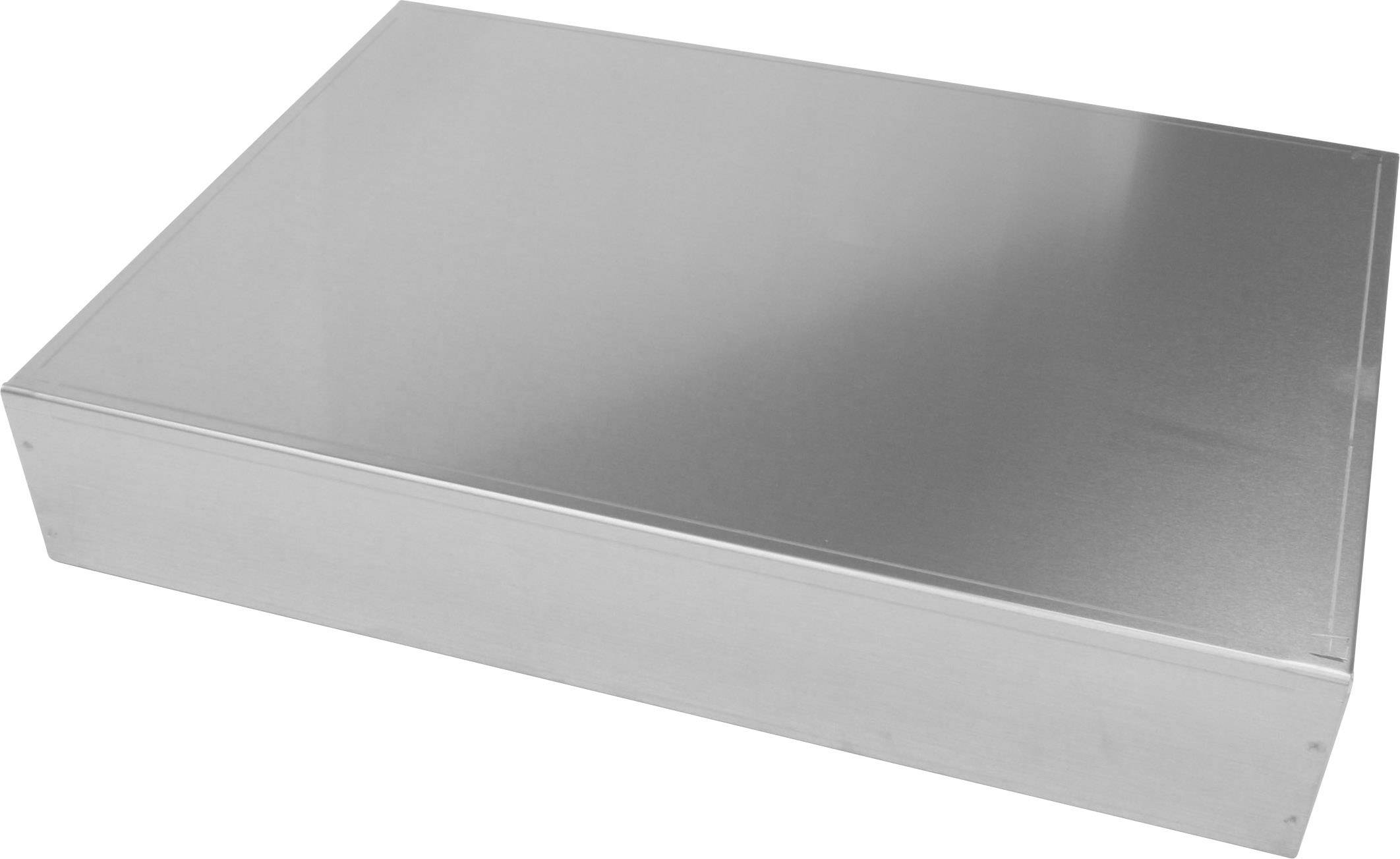 Metallkasten in rechteckiger Form, silberfarben, auf weißem Hintergrund.